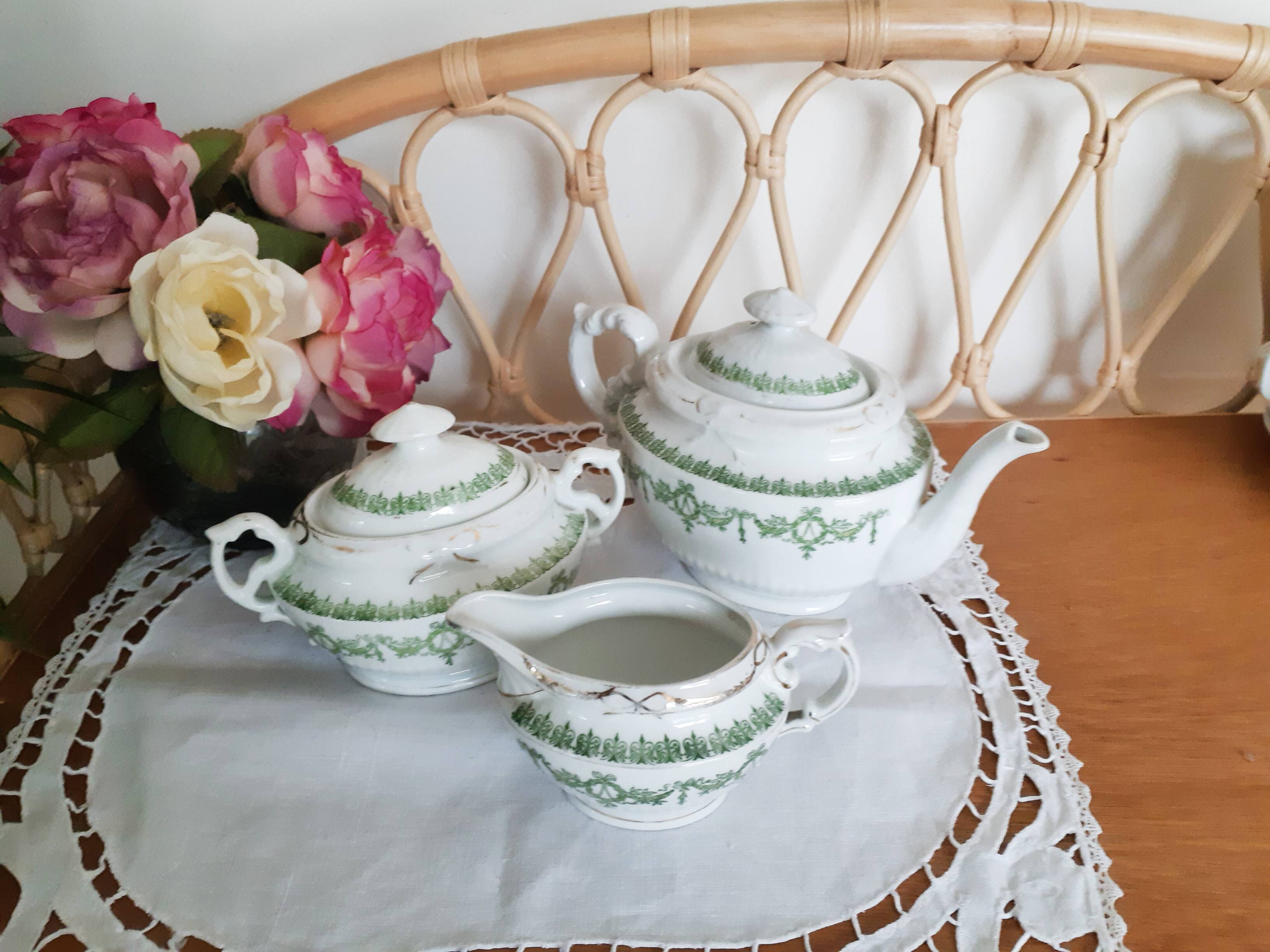 English porcelain tea set, green and gold, antique