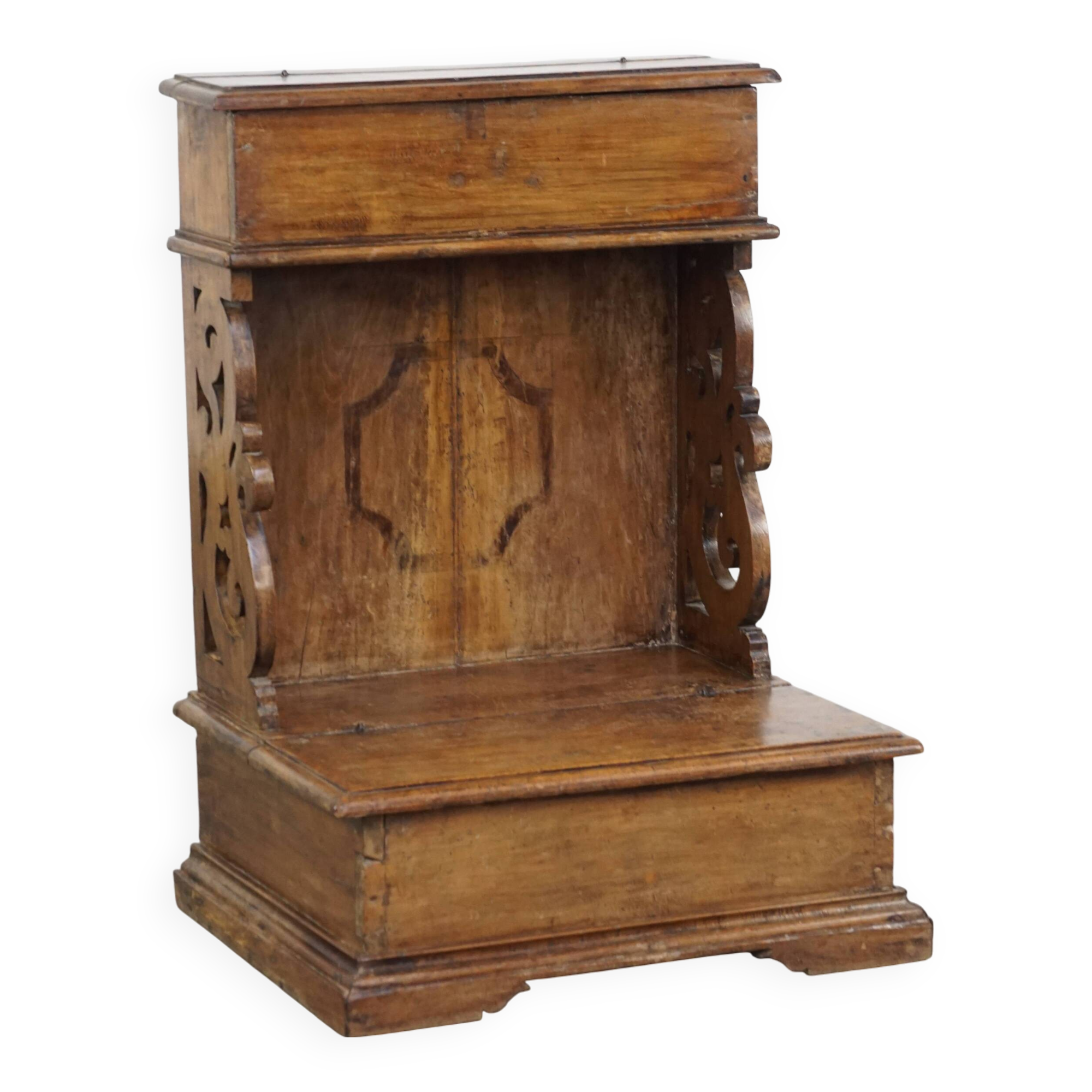 Antique pinewood church pew with storage compartments from the 18th century