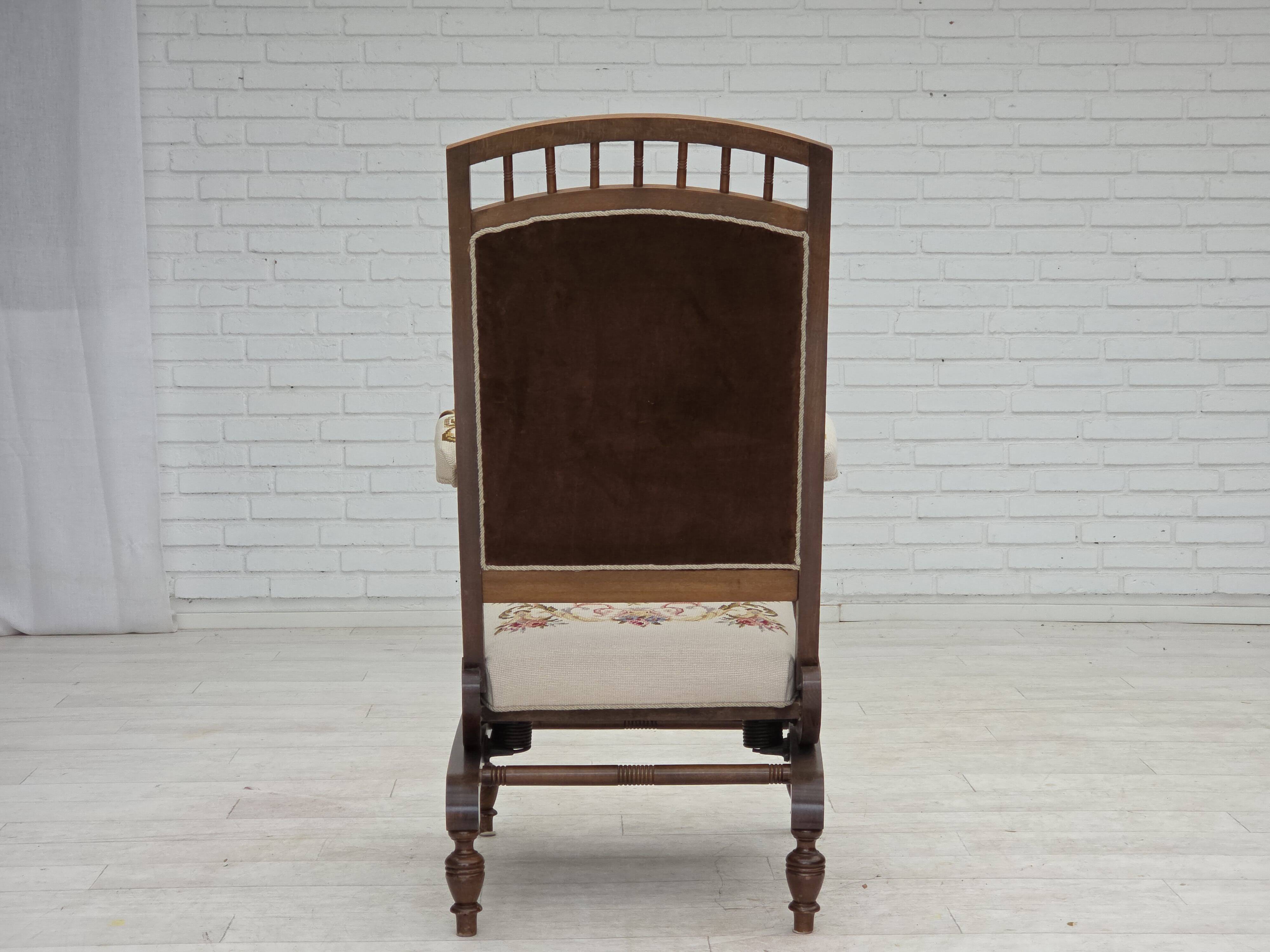 1930s, Danish highback rocking chair, original hand woven wool, ash wood.