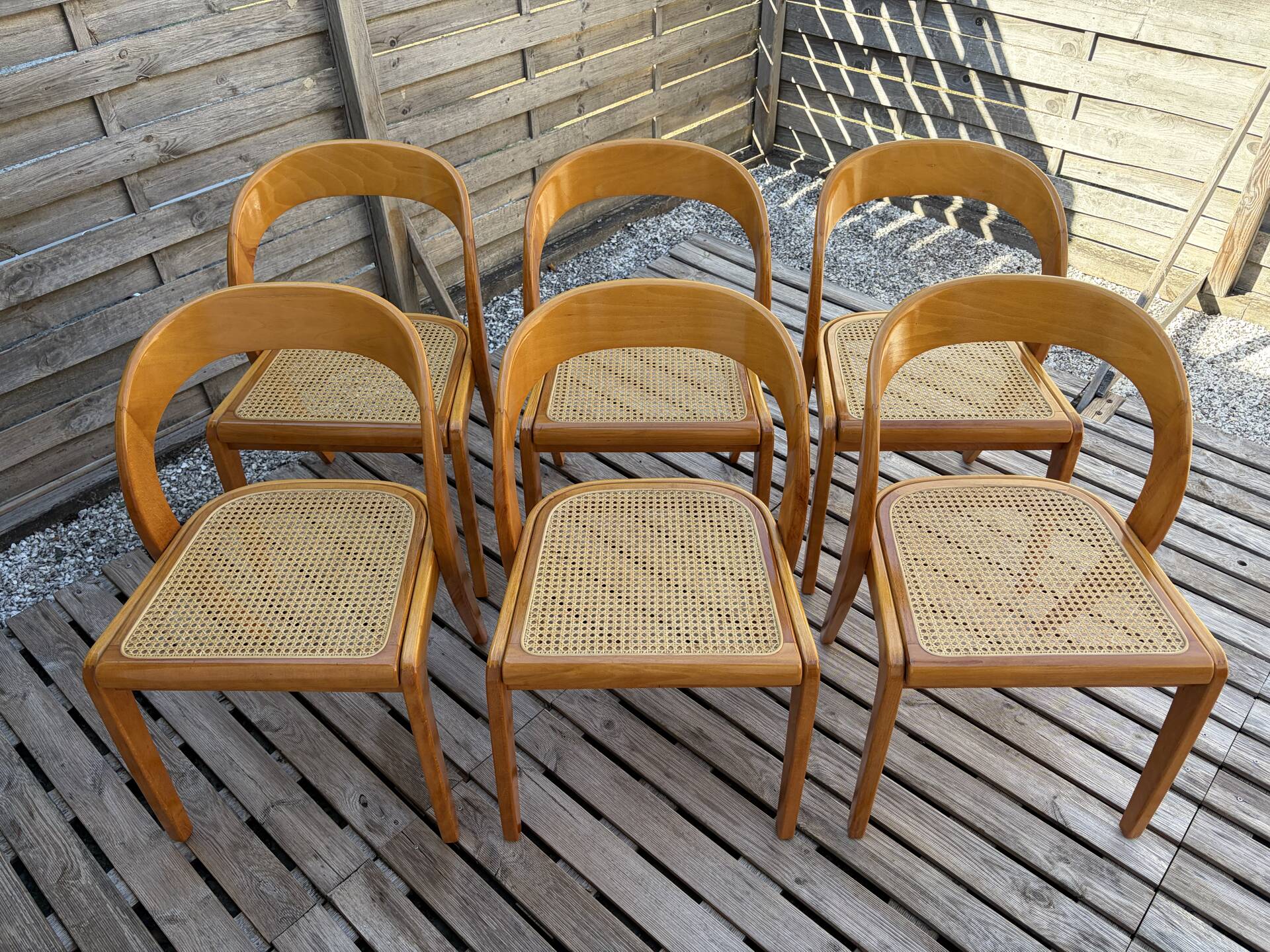 Set of 6 caned chairs by Baumann, gondola model.