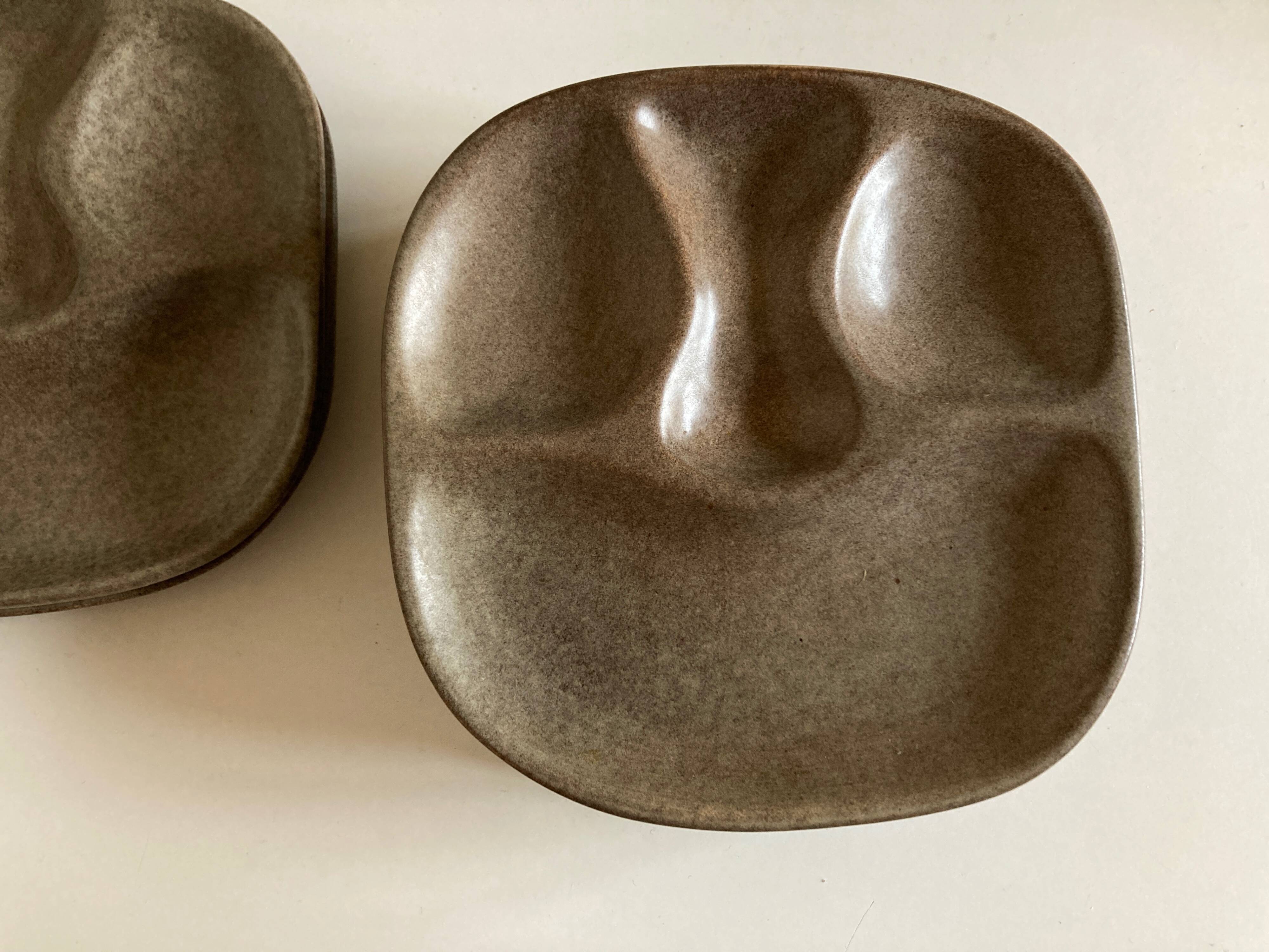 Set of 8 mid century modern stoneware potter's plates to identify