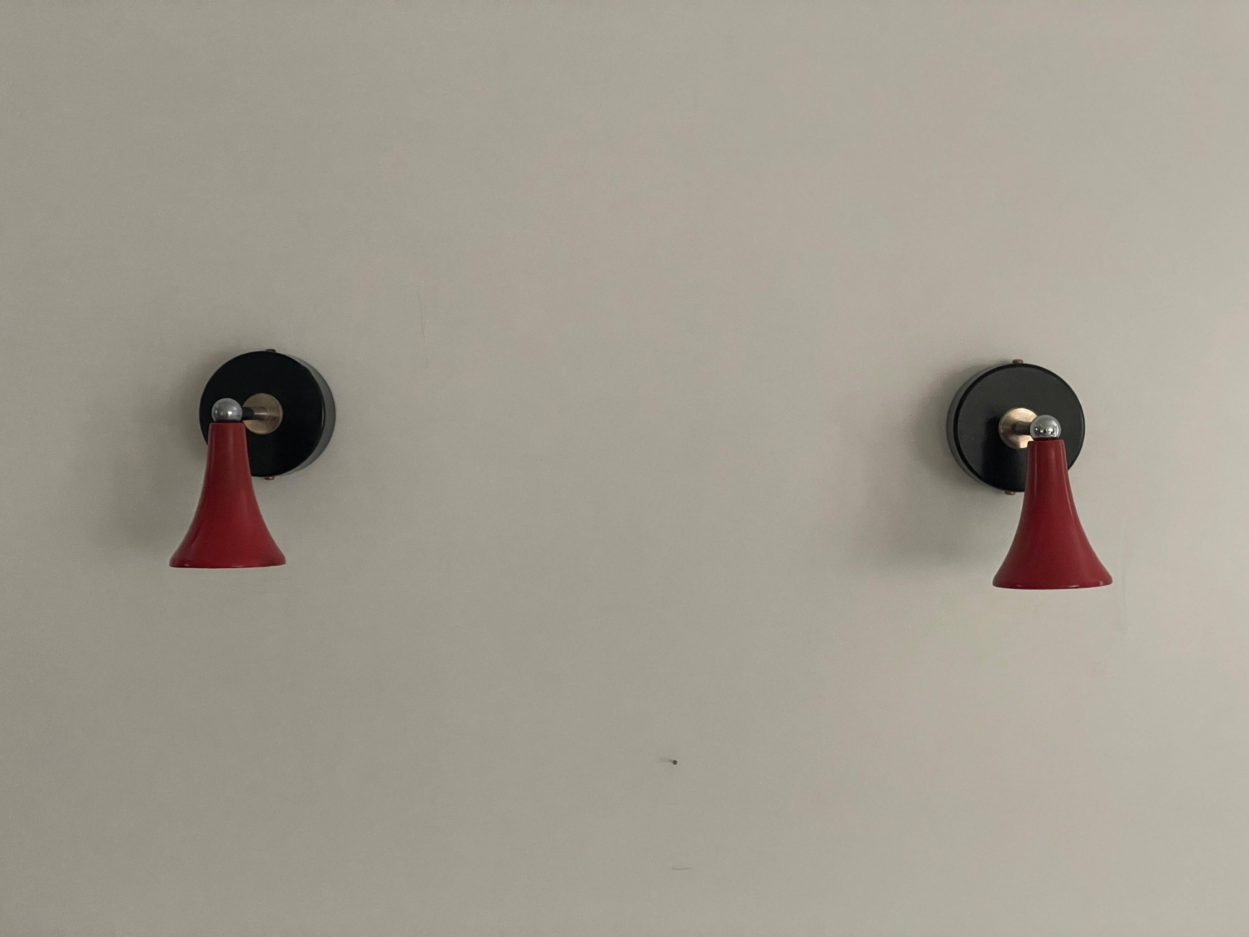 Pair of red metal wall lights AGE, 1970s, Italy