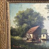 Barbizon School 19th century - Oil on panel - Washerwoman mill landscape - 1870