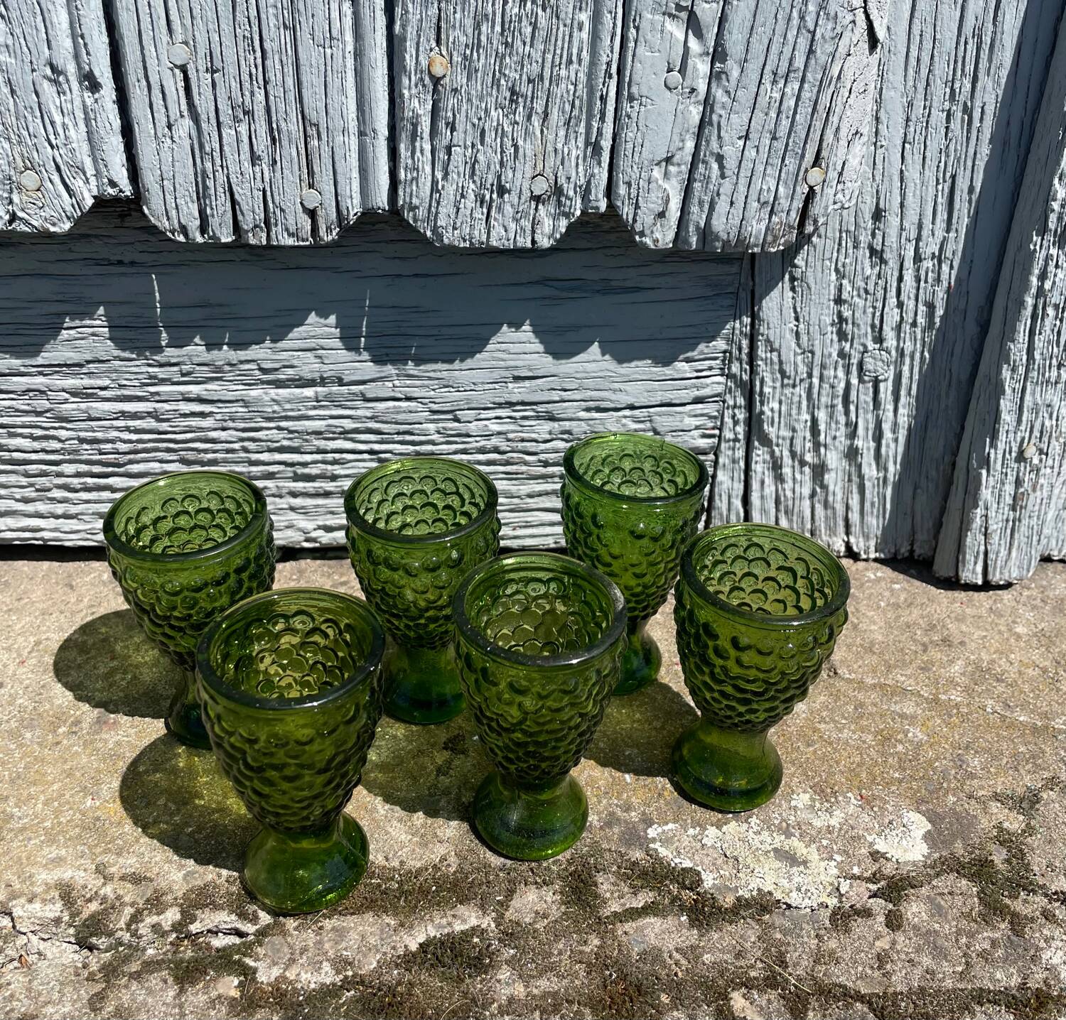 Liqueur service coloured glass empoli, vintage green carafe