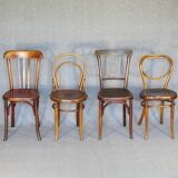 Set of 4 mismatched bistro chairs, 1900 to 1930 with wooden seats, Thonet, Baumann