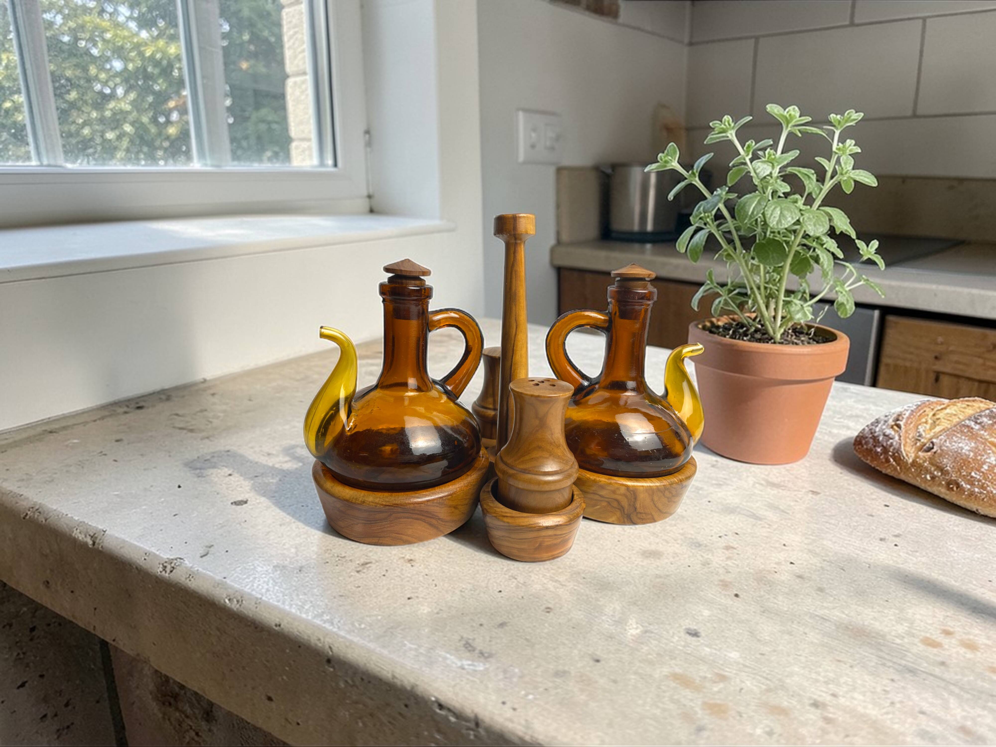 Vintage oil and vinegar server, Biot, olive wood, 20th century.