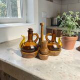 Vintage oil and vinegar server, Biot, olive wood, 20th century.