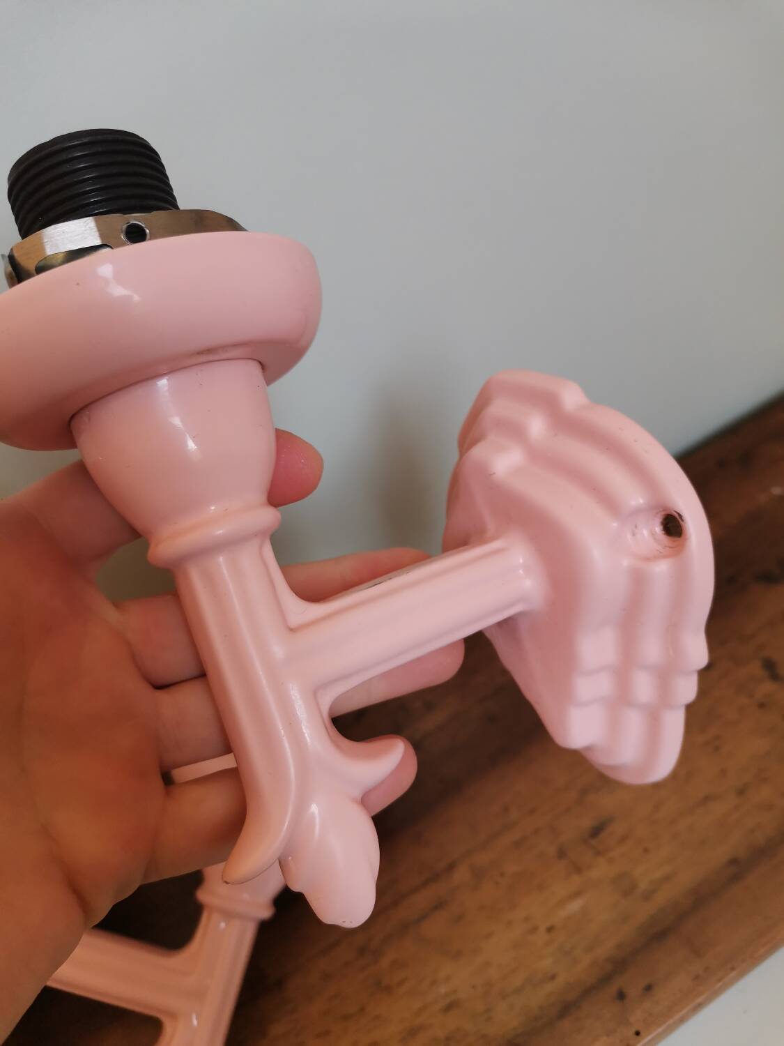 Set of 2 vintage pastel pink enamelled cast iron wall lamps