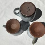 Signed grey-white artisanal stoneware cups and pot