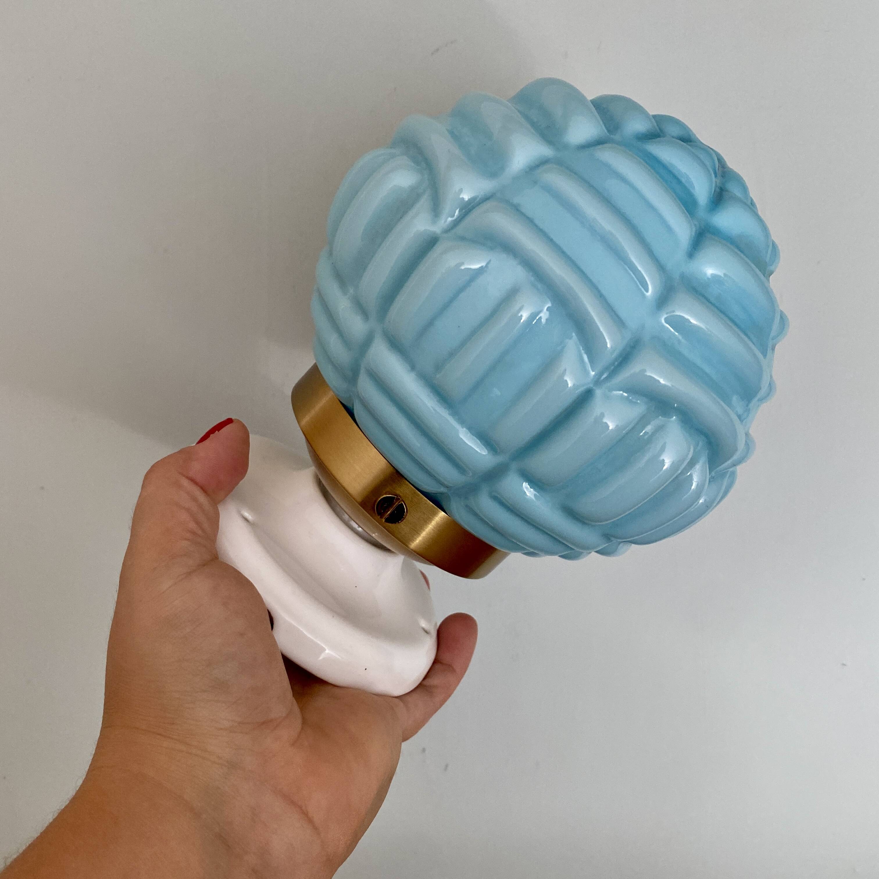 Vintage art deco globe wall lamp in blue opaline