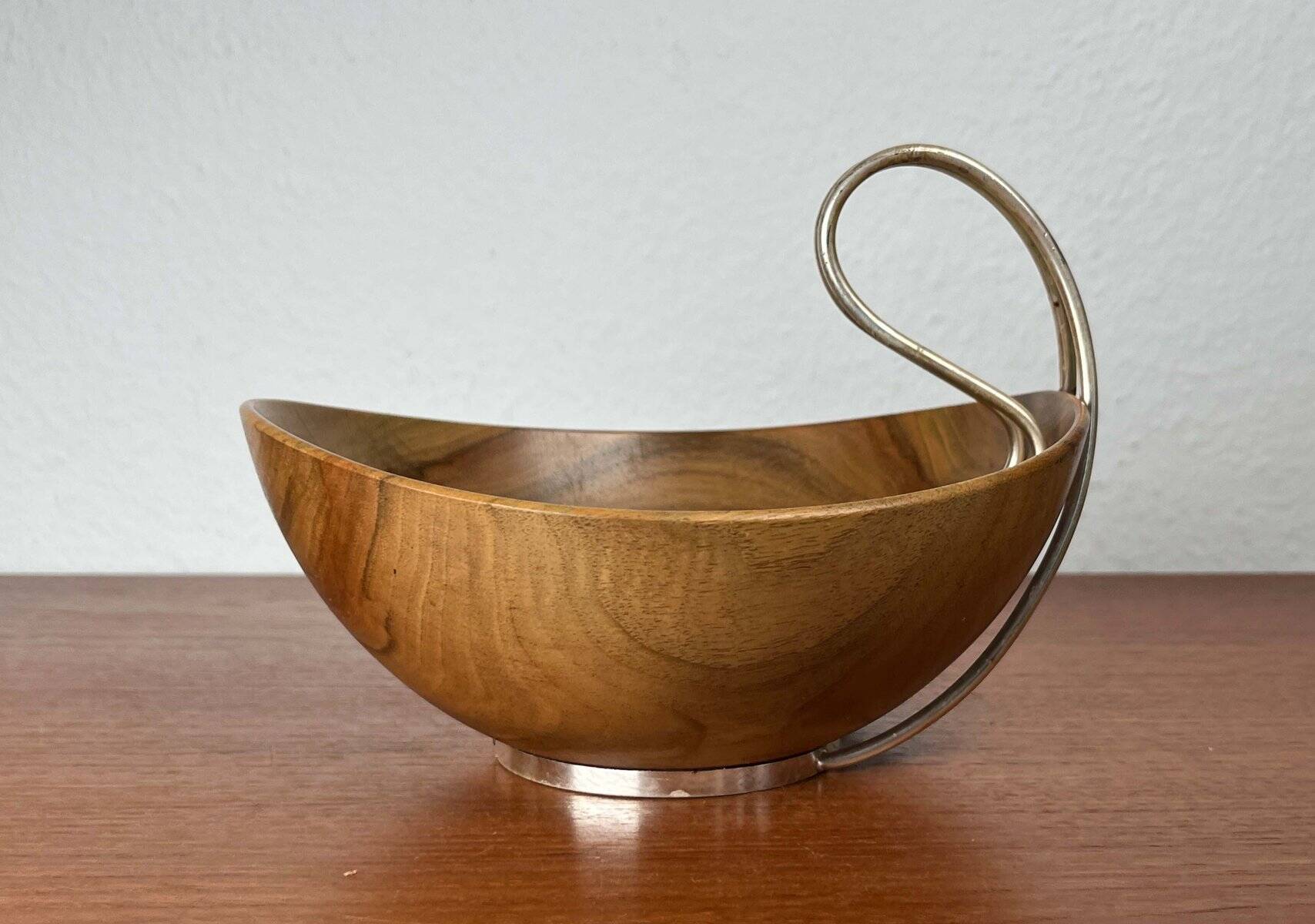 Mid-Century Modern Teak and Silver Plated Metal Bowl from Grasoli, Italy, 1960s