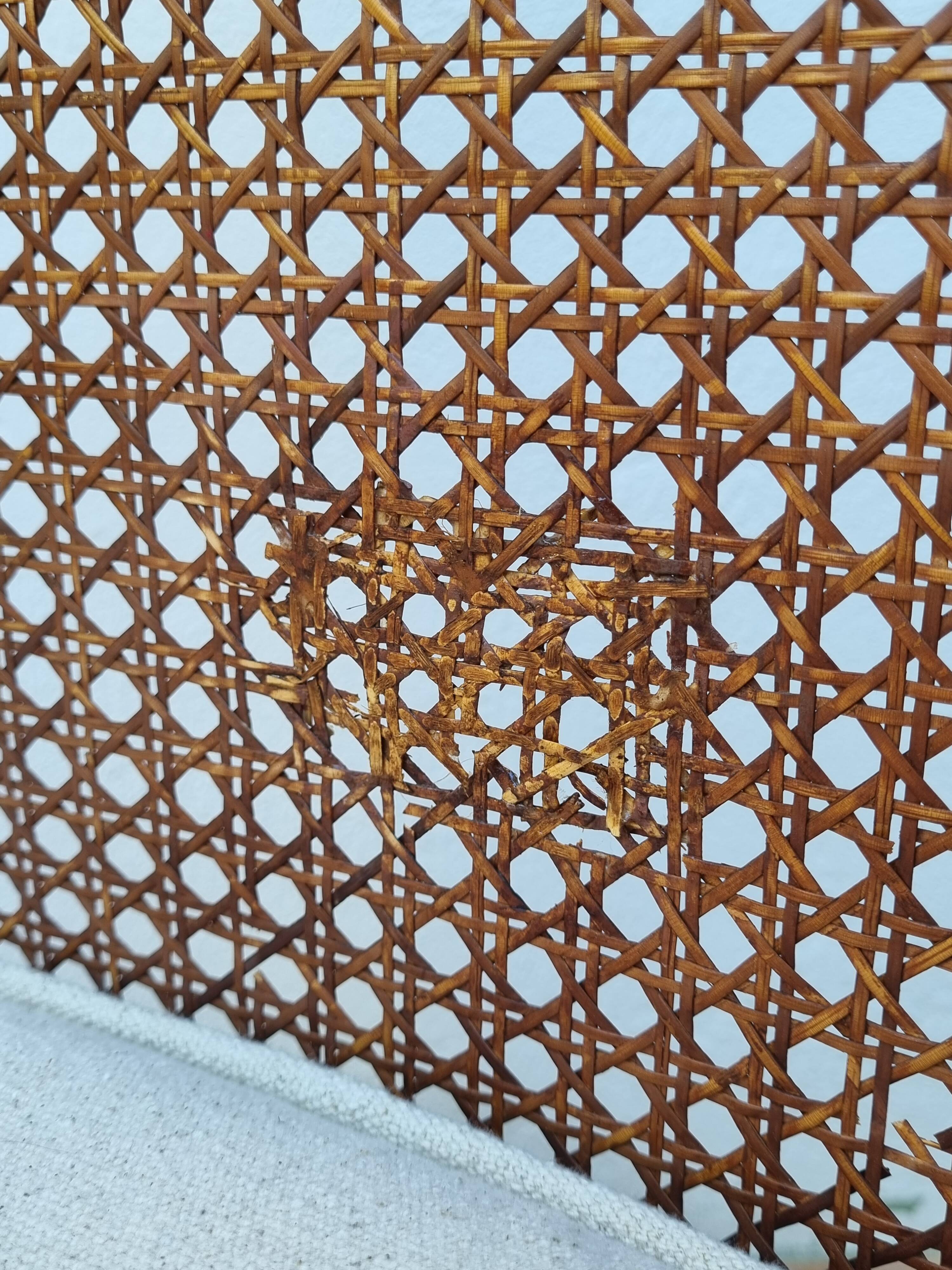 Vintage armchair in turned wood and cane, upholstered seat, 1940s