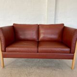 VINTAGE DANISH MID CENTURY DARK COGNAC LEATHER 2 SEATER STOUBY SOFA