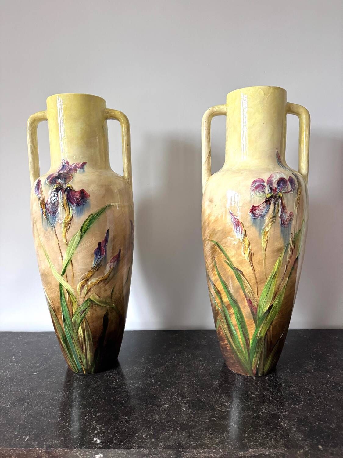 Pair of majestic Art Nouveau Vallauris vases by P. Perret