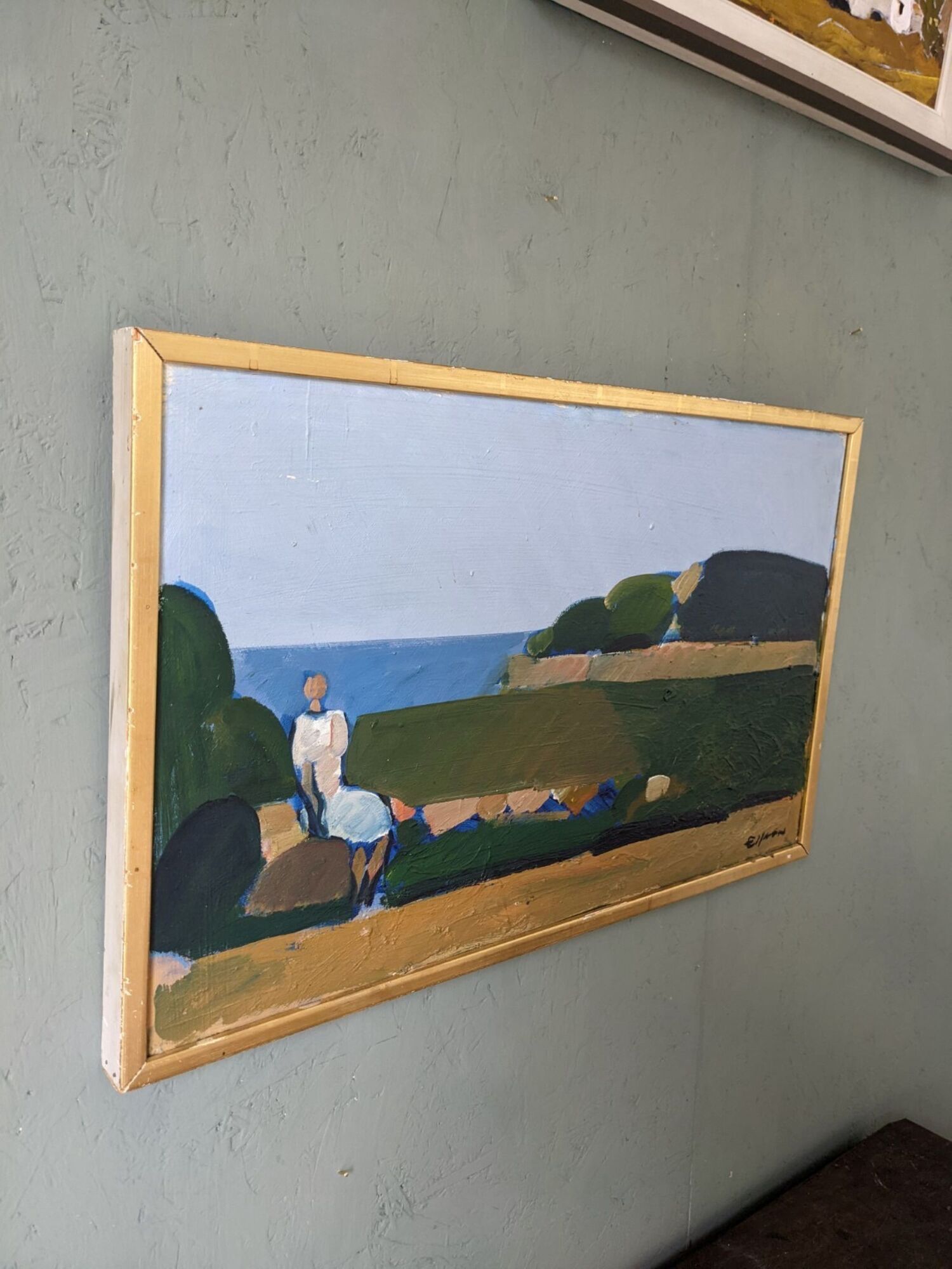 Mid-Century Modern Swedish Oil Painting "Coastal Musing" Framed Landscape