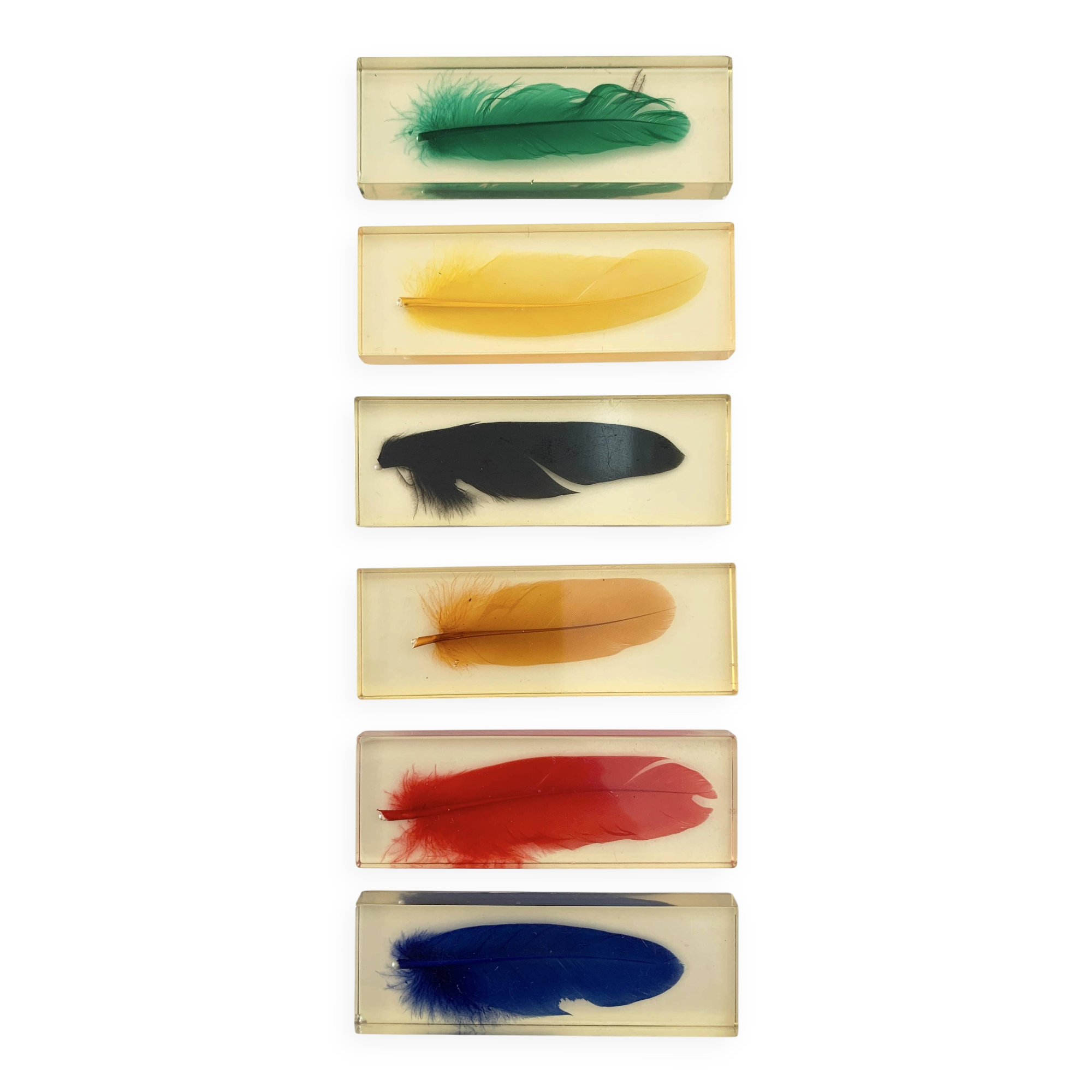 Six feather-shaped knife rests in resin inclusion.