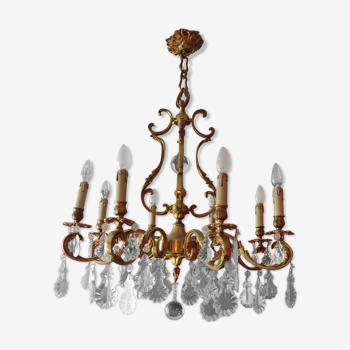 8-branched golden bronze chandelier with crystal stamps