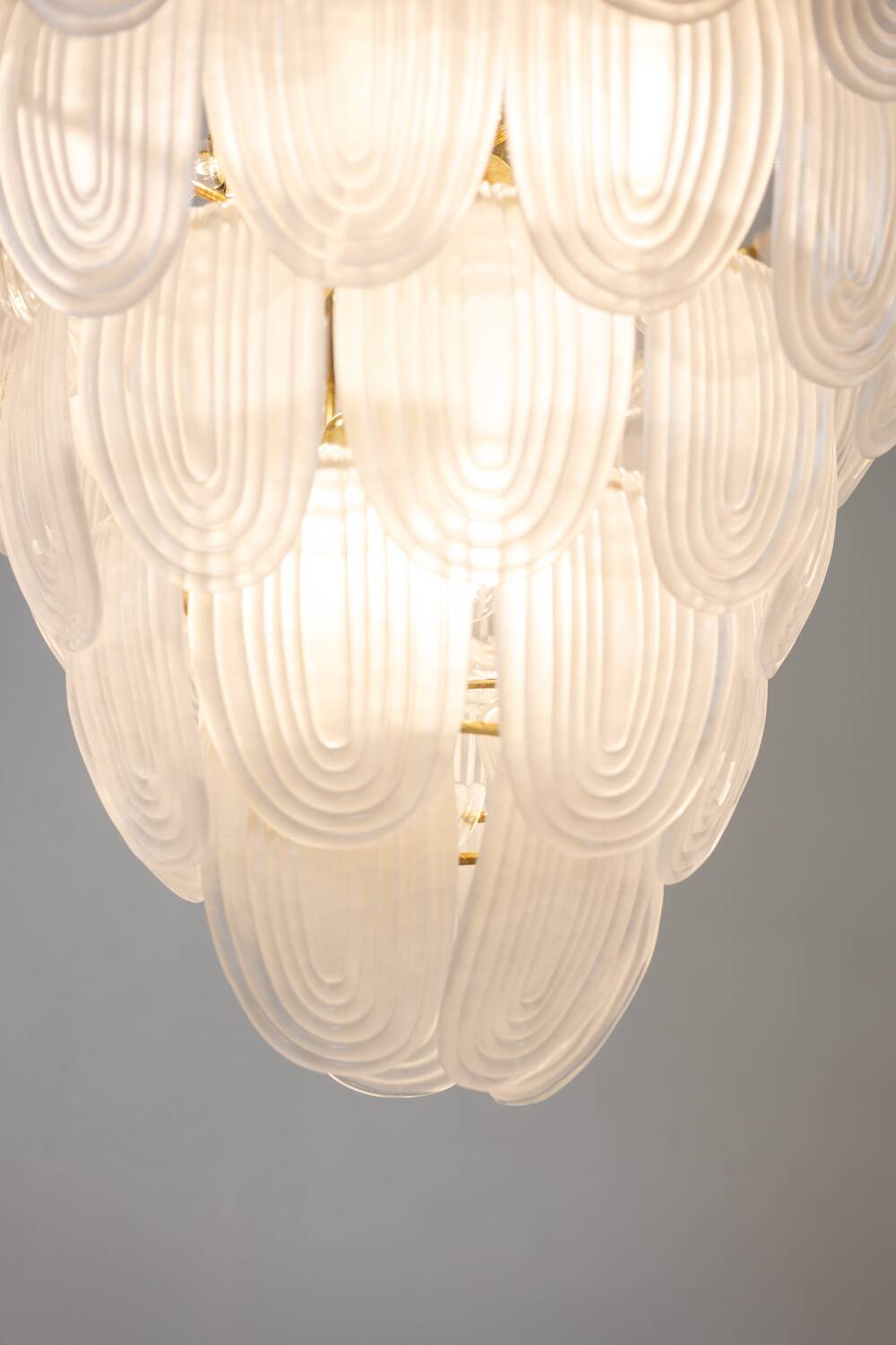Translucent white Murano glass chandelier. Italy, contemporary work.