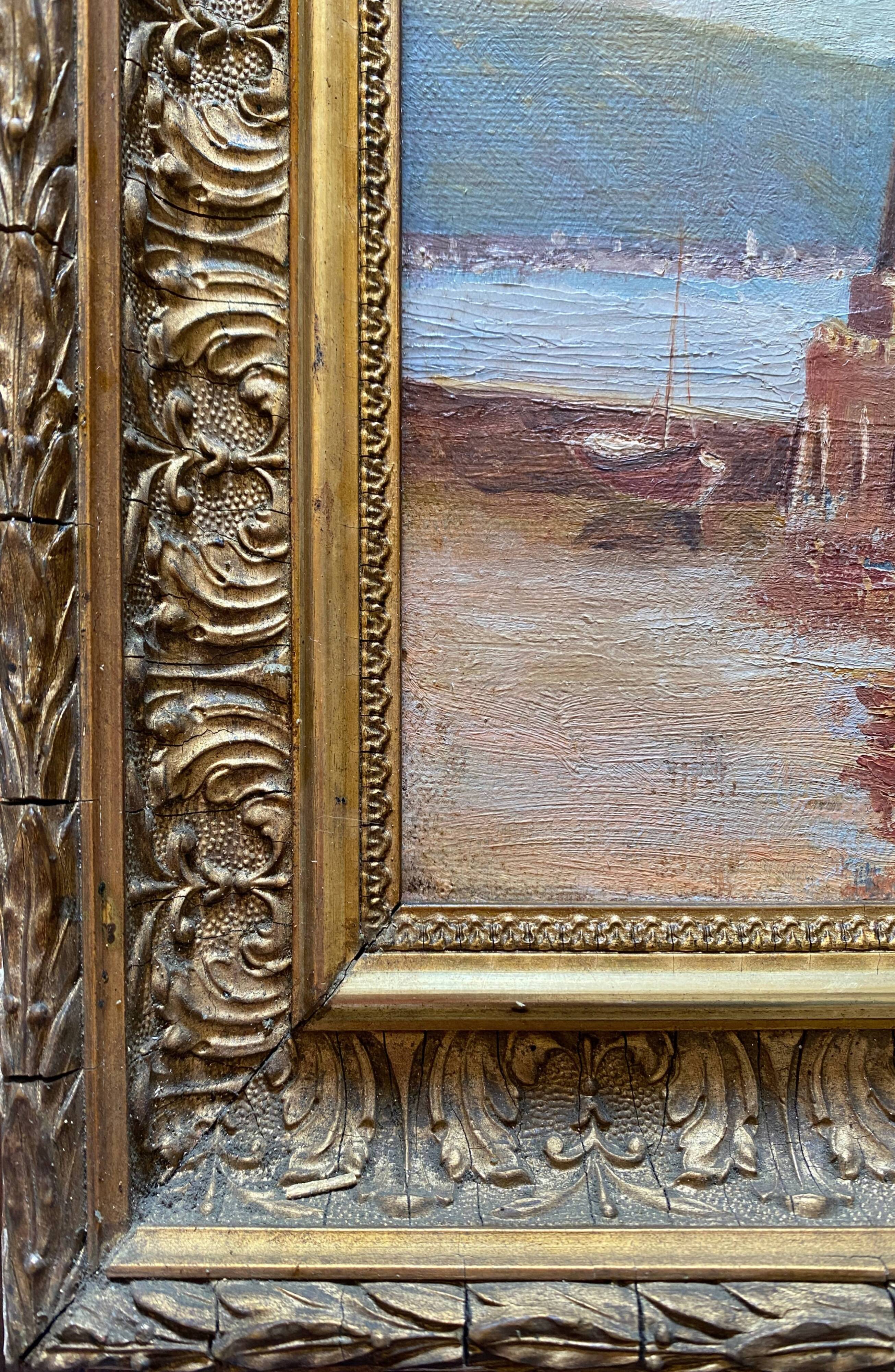 HST XIX° painting "Marine with lighthouse and boats" Italian Orientalist style + frame