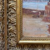HST XIX° painting "Marine with lighthouse and boats" Italian Orientalist style + frame