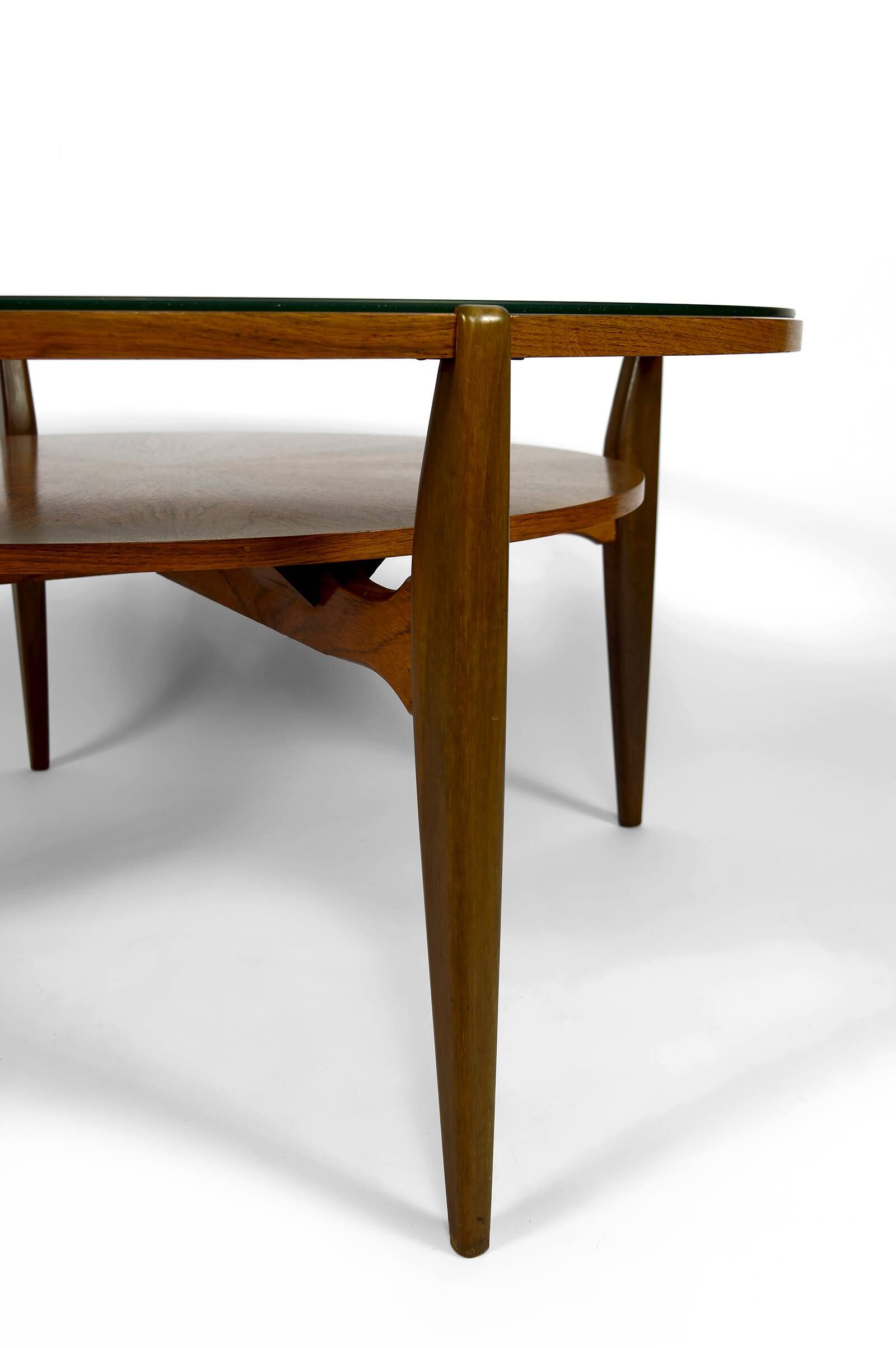 Important modern Scandinavian style coffee table, walnut / glass – c. 1960
