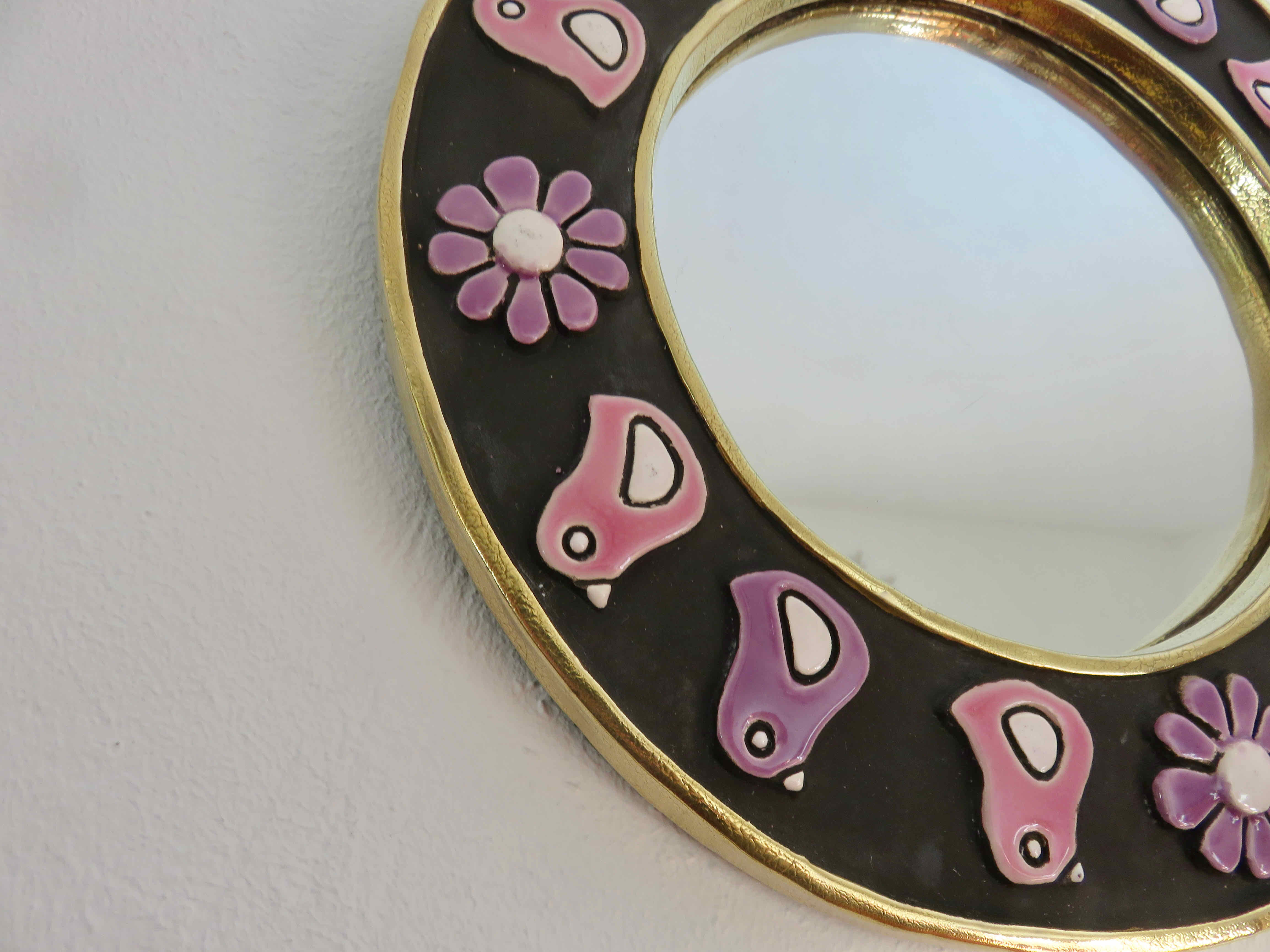 Miroir en céramique rond Mithé Espelt années 70 25cm