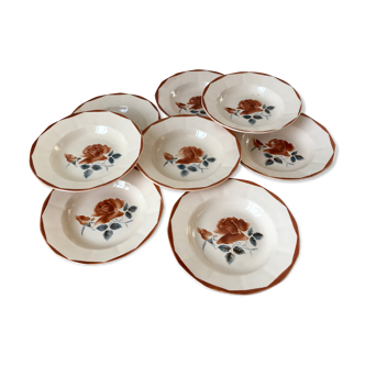 Set of 8 hollow plates digoin sarreguemines model pink flowers 40s