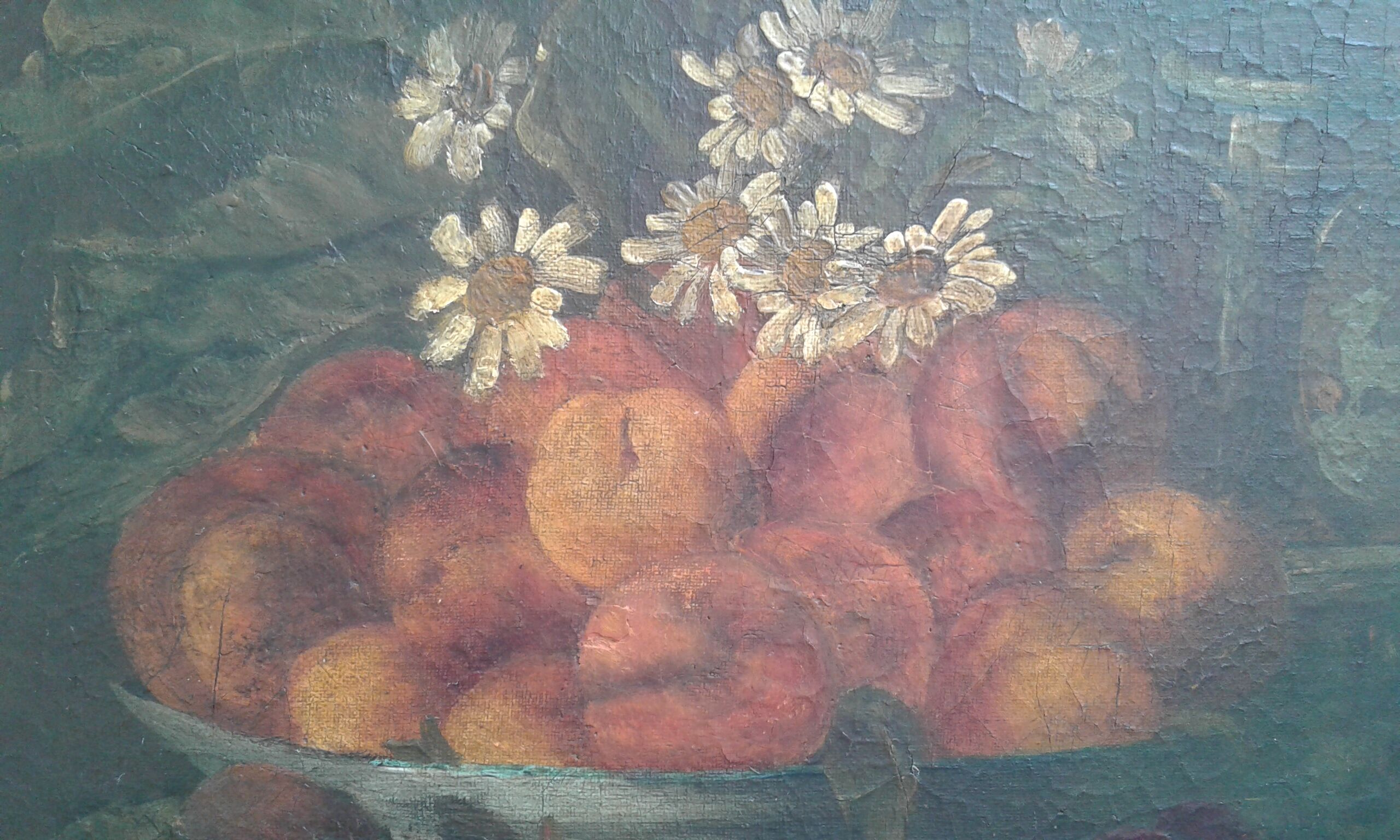 Table Oil on canvas. Old. Still life with apricots and peaches. 19 th