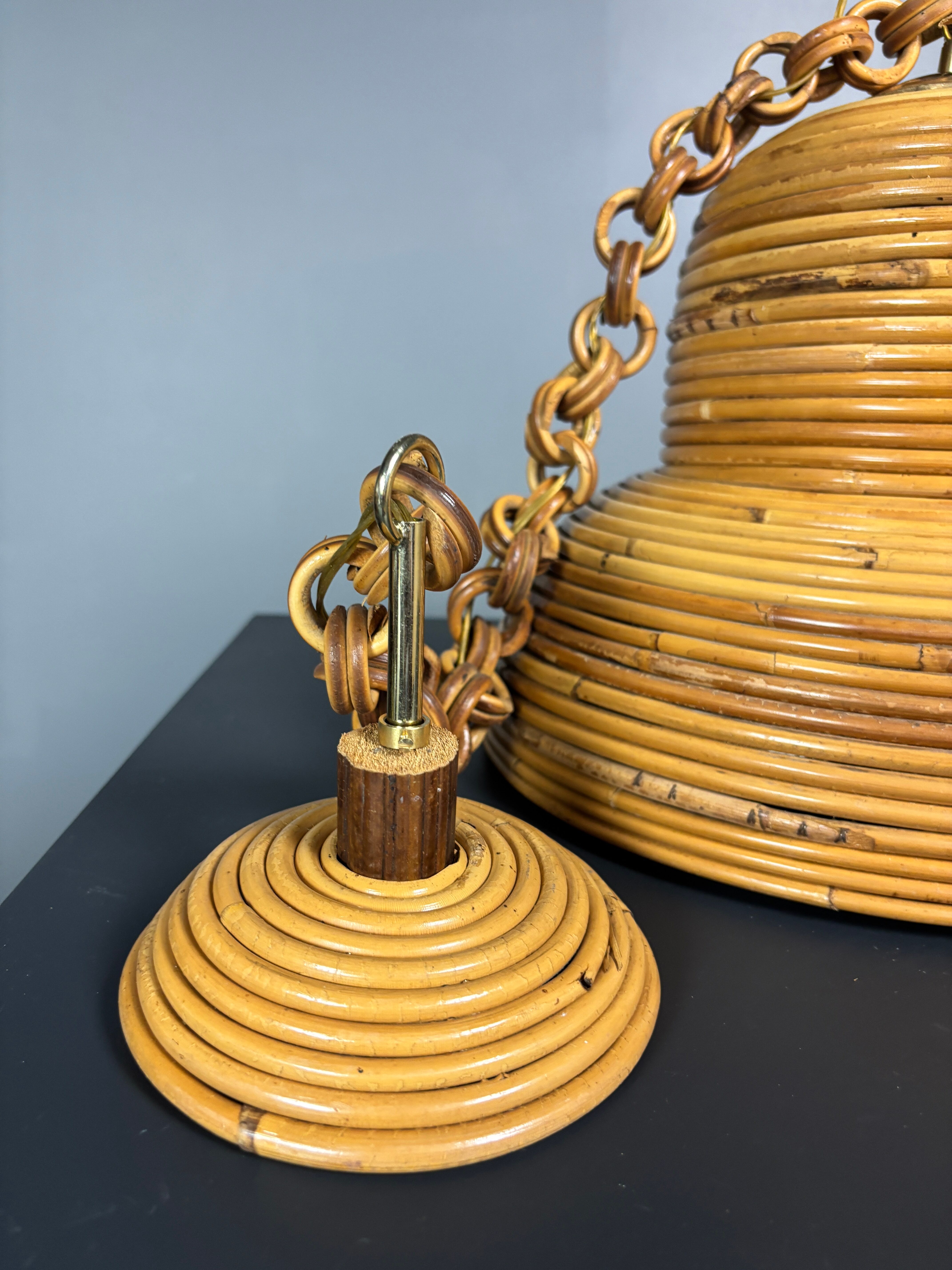 Midcentury Italian pencil reed rattan bamboo and brass hanging lamp pendant