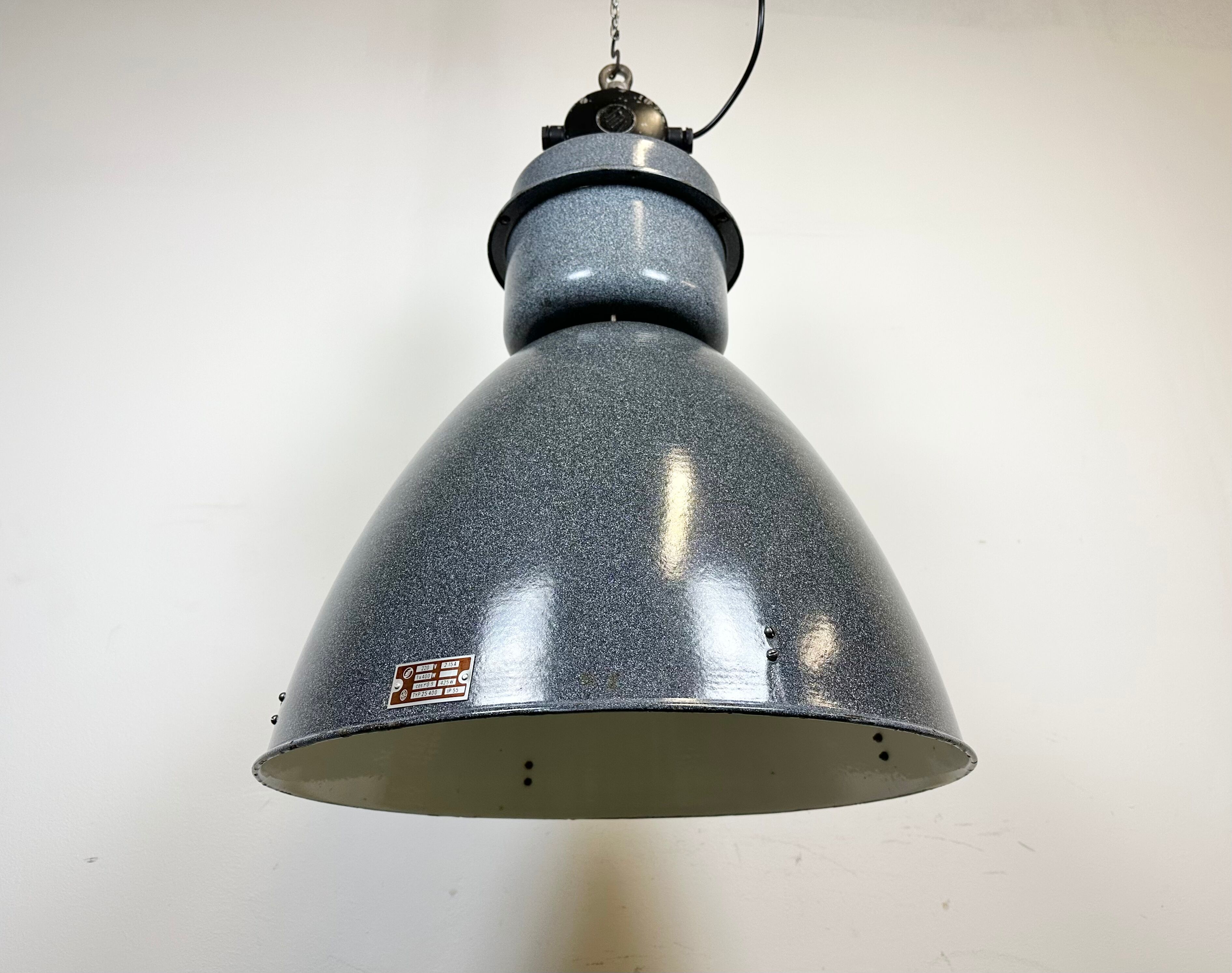 Large Grey Enamel Industrial Factory Lamp from Elektrosvit, 1960s