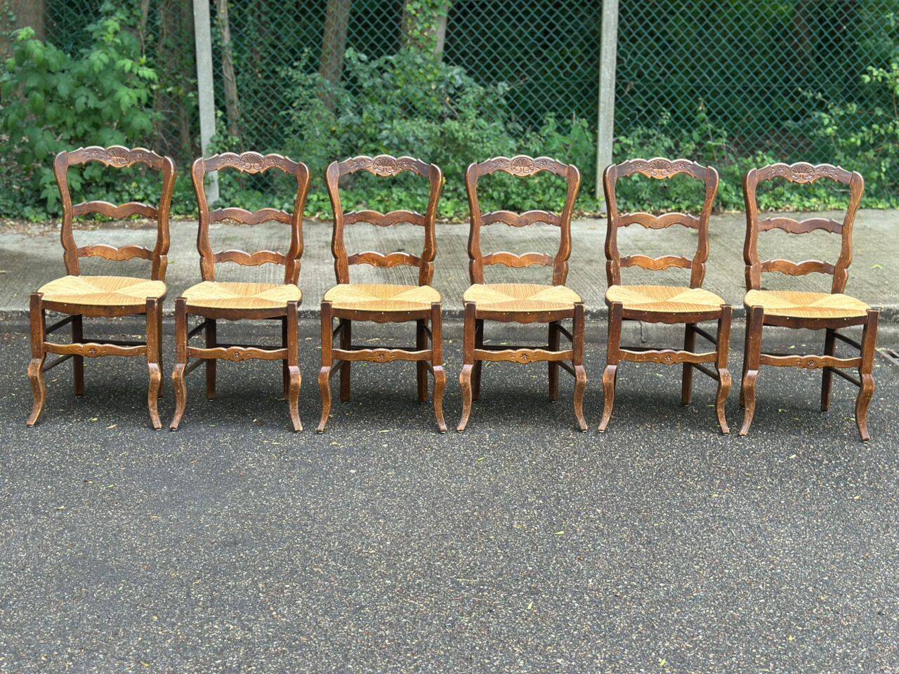 6 vintage Louis XV dining chairs with rush seats from the 20th century, shell design.