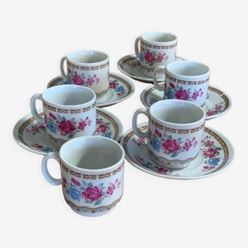 Service à thé ou café rose fleurs 6 tasses 5 sous tasses