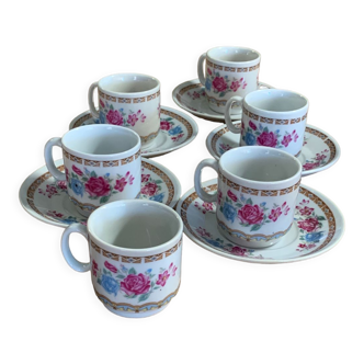 Service à thé ou café rose fleurs 6 tasses 5 sous tasses