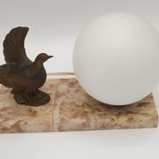 French Art Deco table lamp, bird motif, marble base, white glass globe 4477