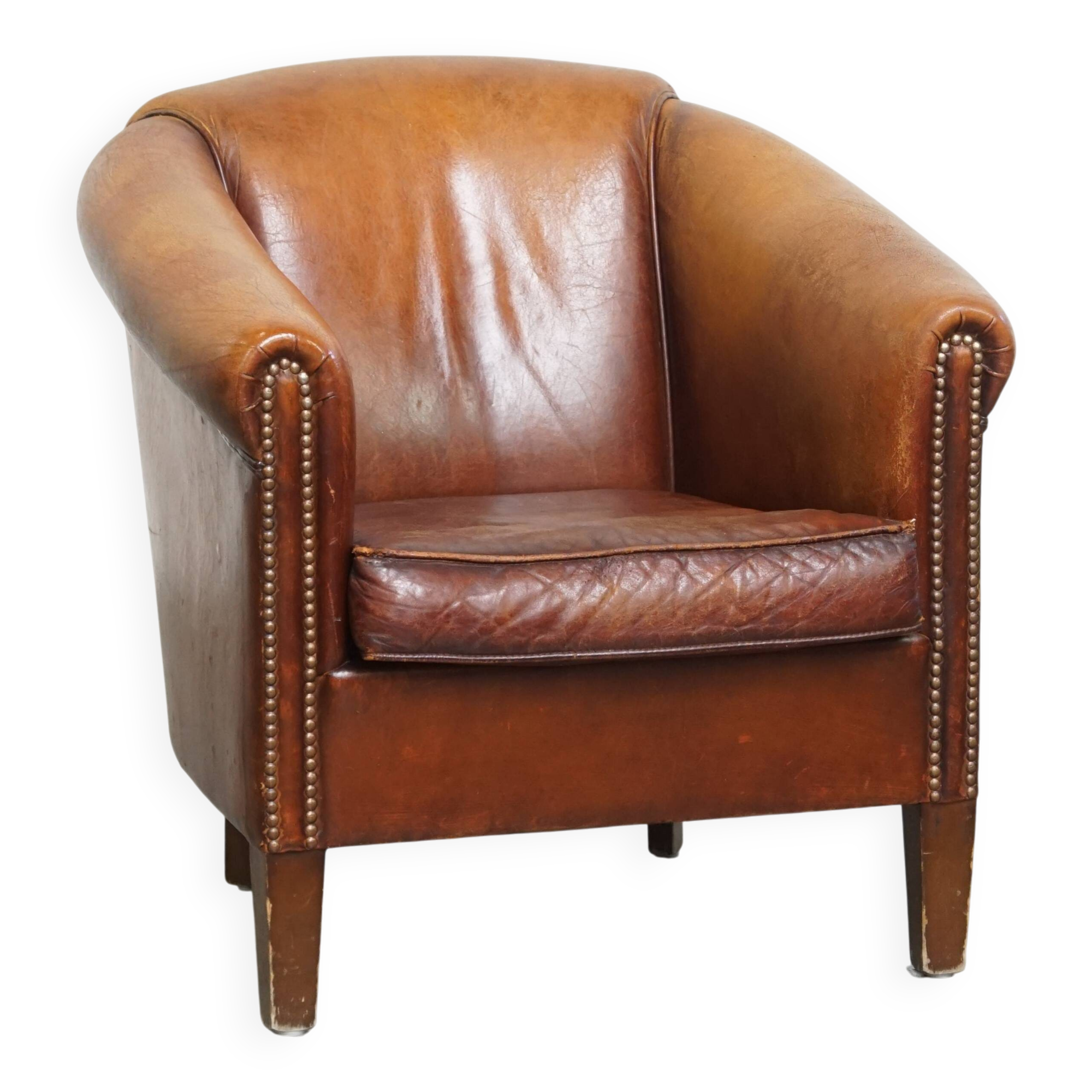 Cognac-Colored Sheepskin Leather Club Chair