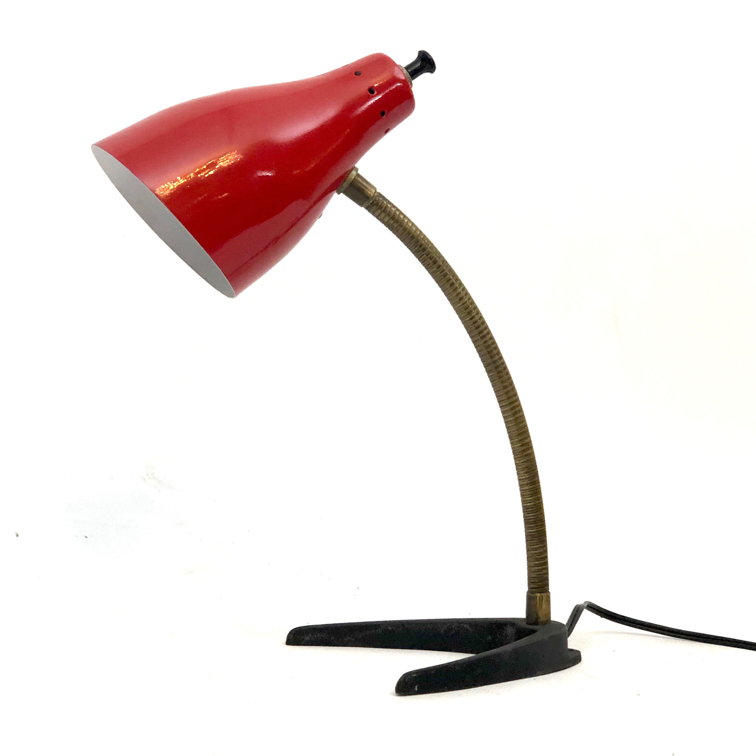 Vintage Italian brass and red lacquer flexible table lamp from 50s