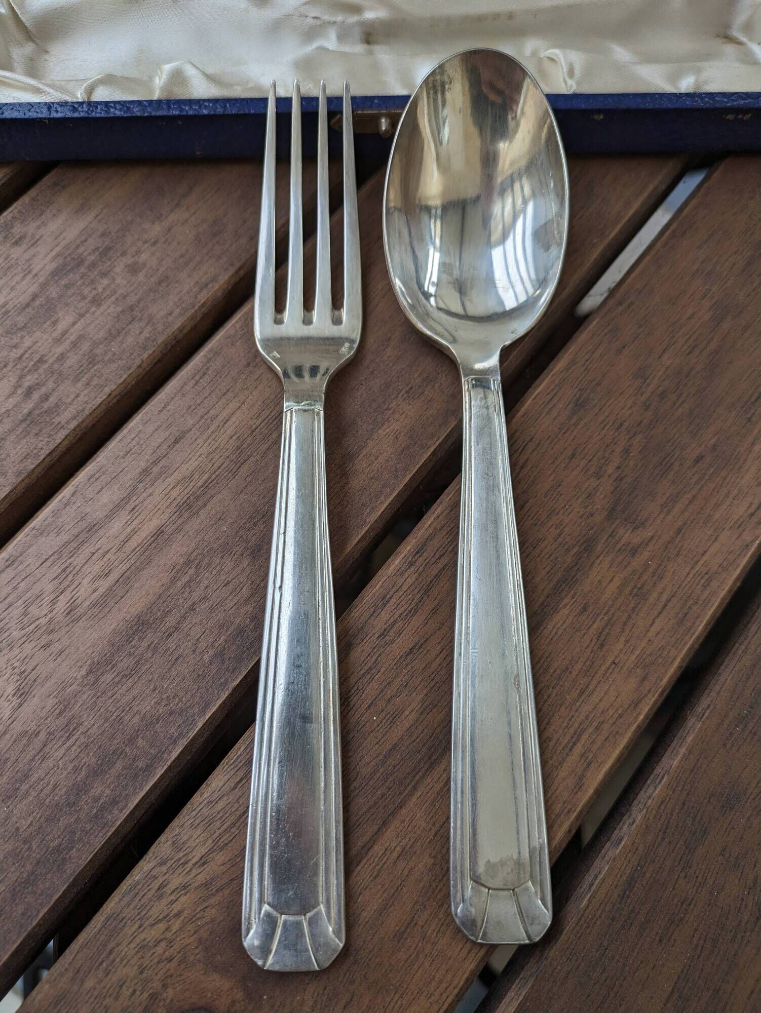 Antique silver plated fork and spoon in box 60g