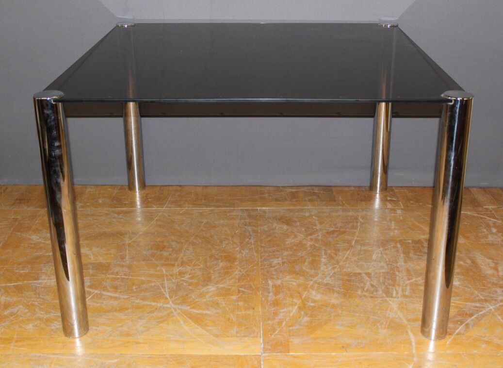 Chrome dining table and 1970 grey smoked glass