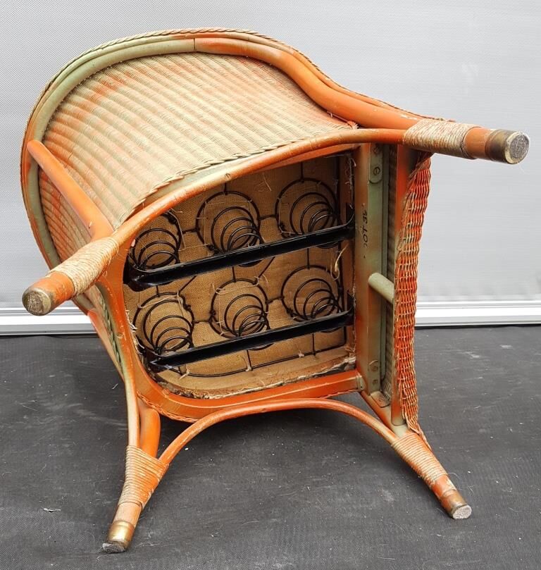Fauteuil anglais Lloyd Loom kapok orange et vert