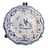 Old Moustiers faience plate blue and white with blue ibis decoration.