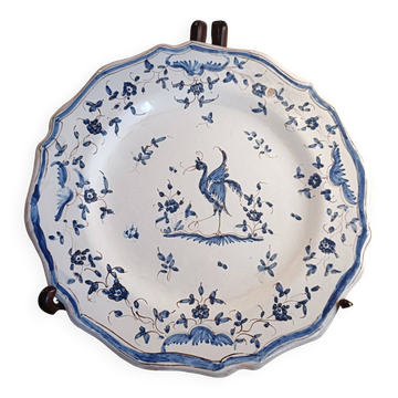Old Moustiers faience plate blue and white with blue ibis decoration.