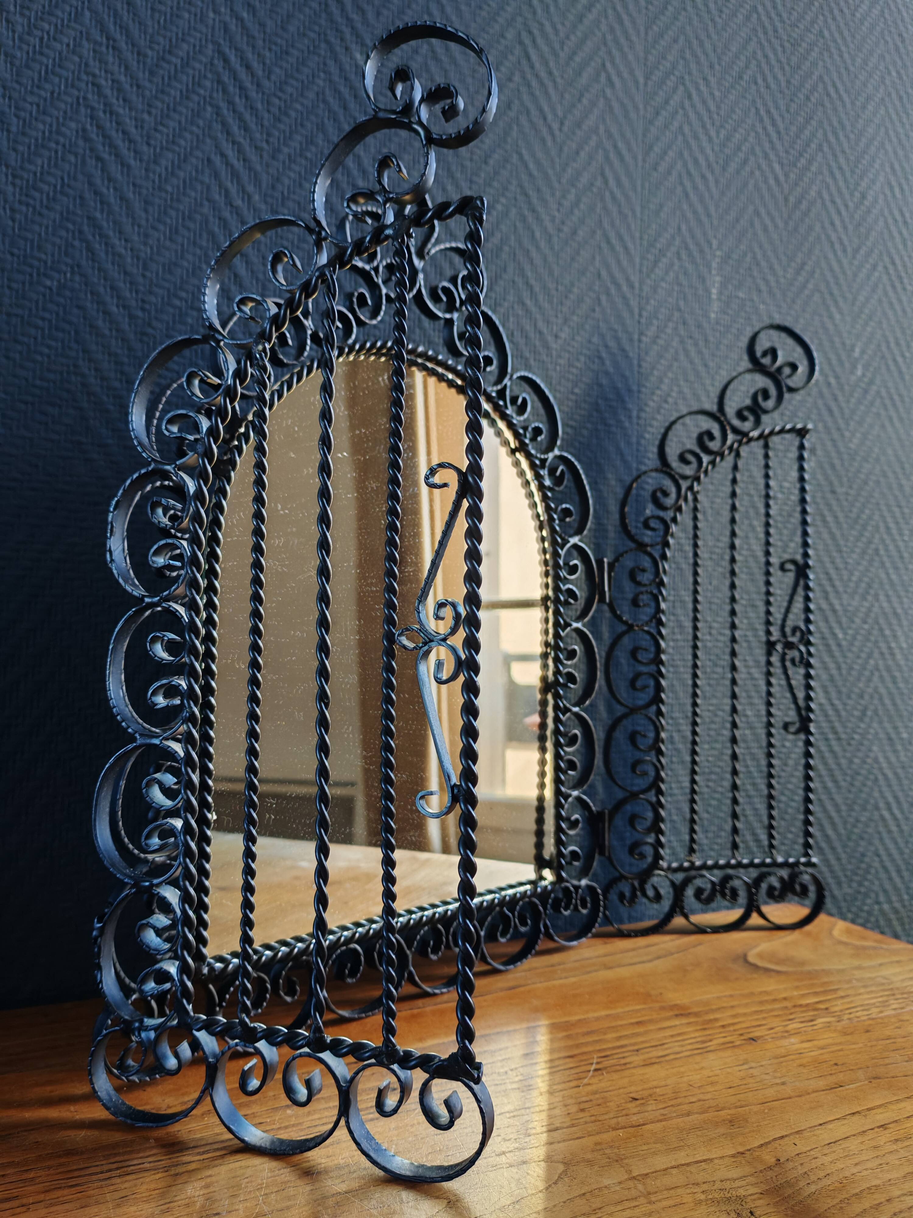 Vintage Black Wrought Iron Triptych Mirror