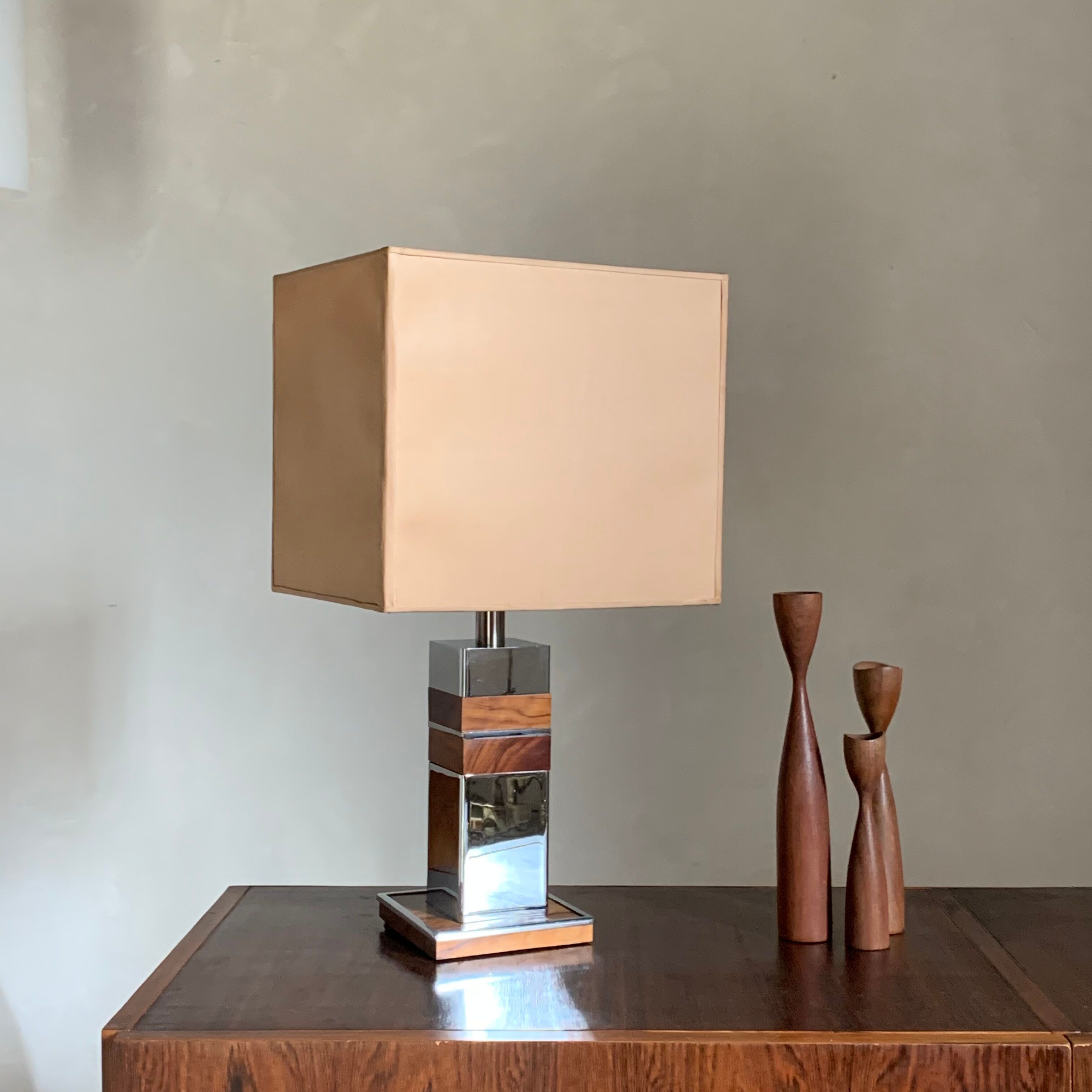 Vintage table lamp chrome and wood seventies