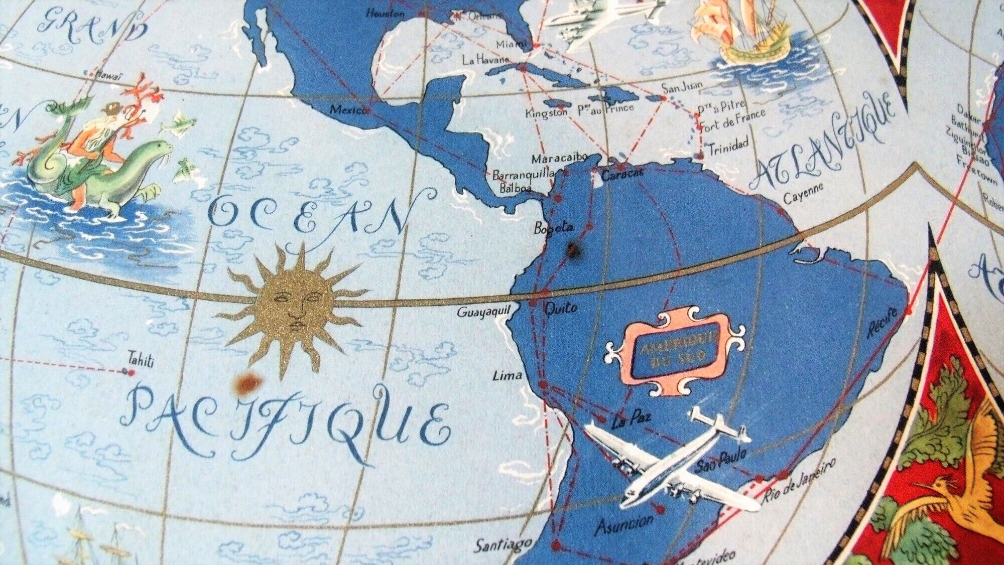 Old card Air France 1950 shown by Lucien Boucher planisphere