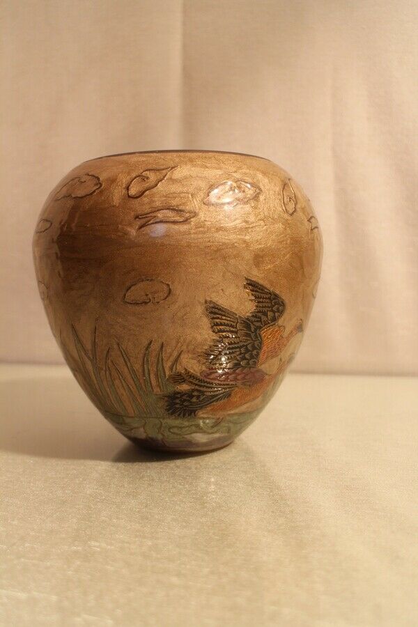 Brass bronze vase with Indo-Persian enamelled decoration with birds