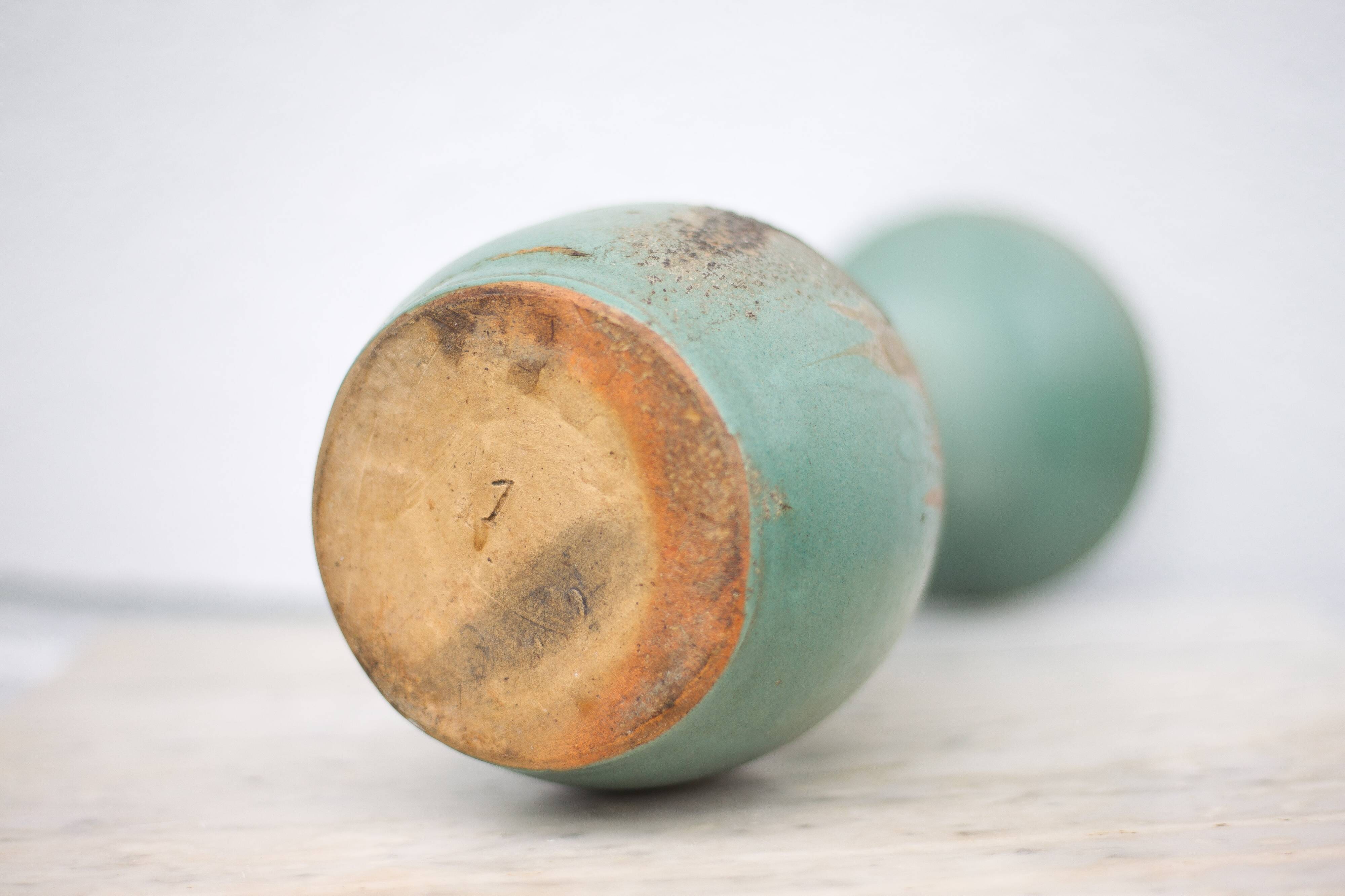 Vintage vase, raku style baluster vase, large neck vase, cetadon green ceramic vase