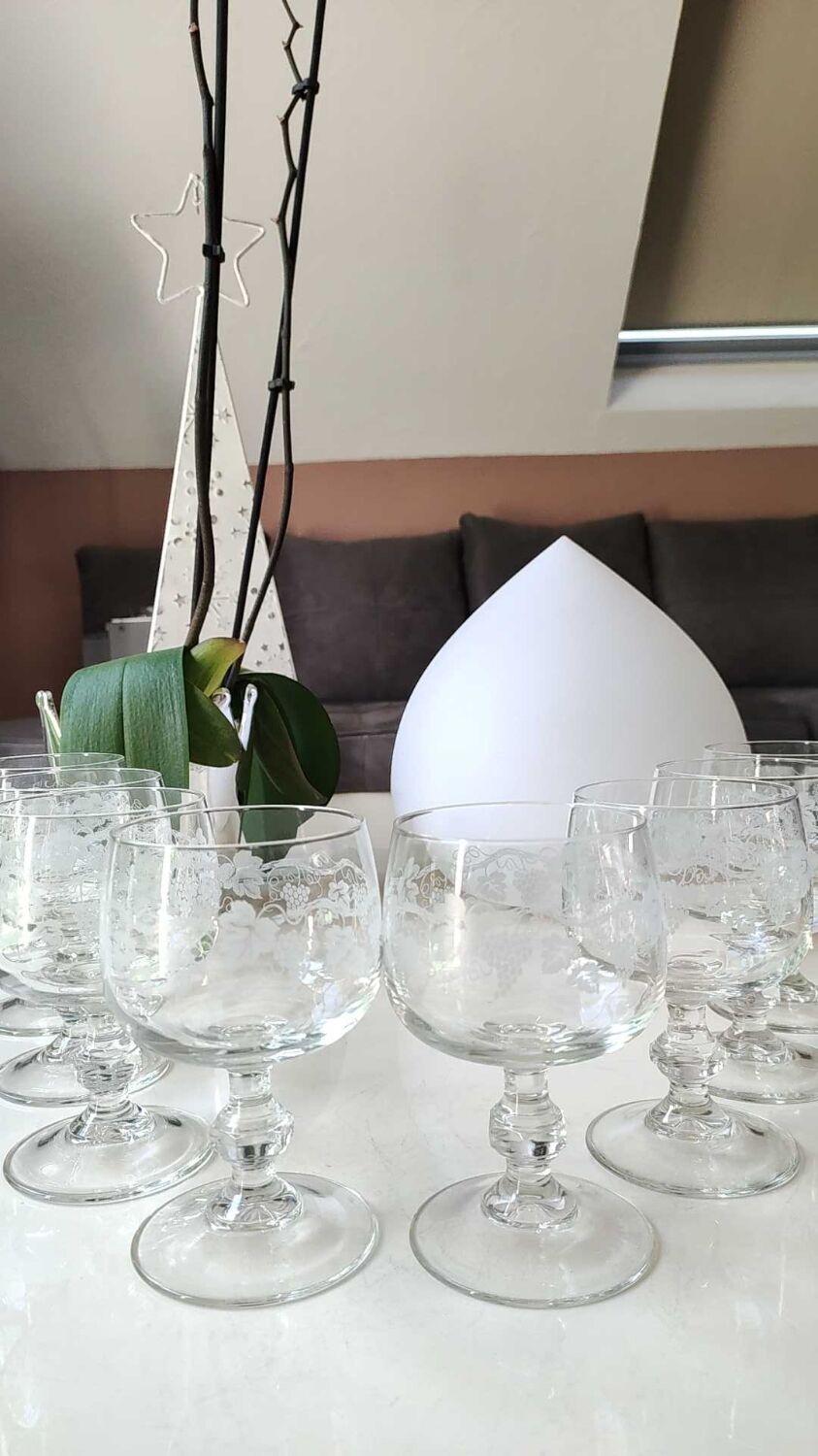 Lot 8 stemmed glasses, vine shoots patterns / Bunches of grapes in frosted glass. Vintage