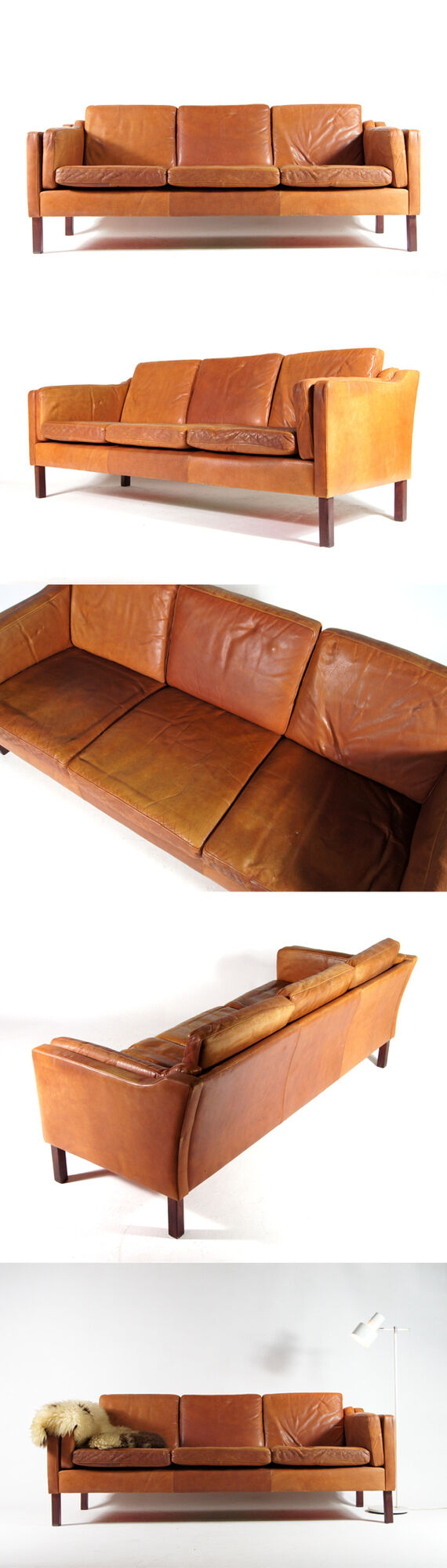 Danish tan leather 3 seater sofa 1970s