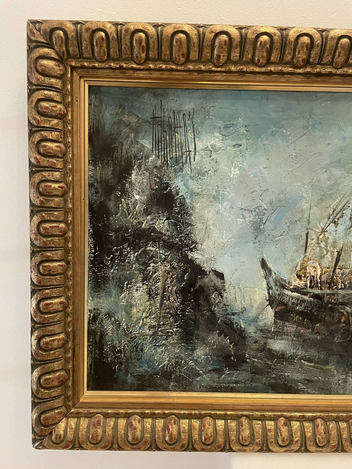 Marcel thomas jura painter, large oil on canvas, marine, trawler
