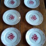 Set of 6 flat plates in faience of the 50s / 60s red pink pattern